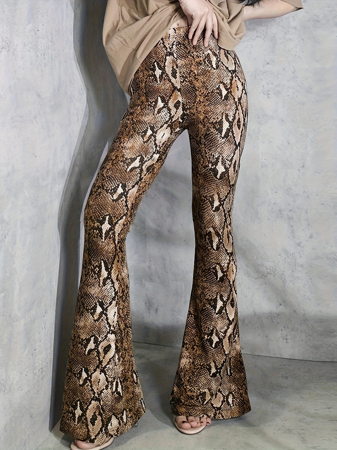 Snakeskin Print Flare Leg Pants, Casual High Waist Long Length Pants,  Women's Clothing