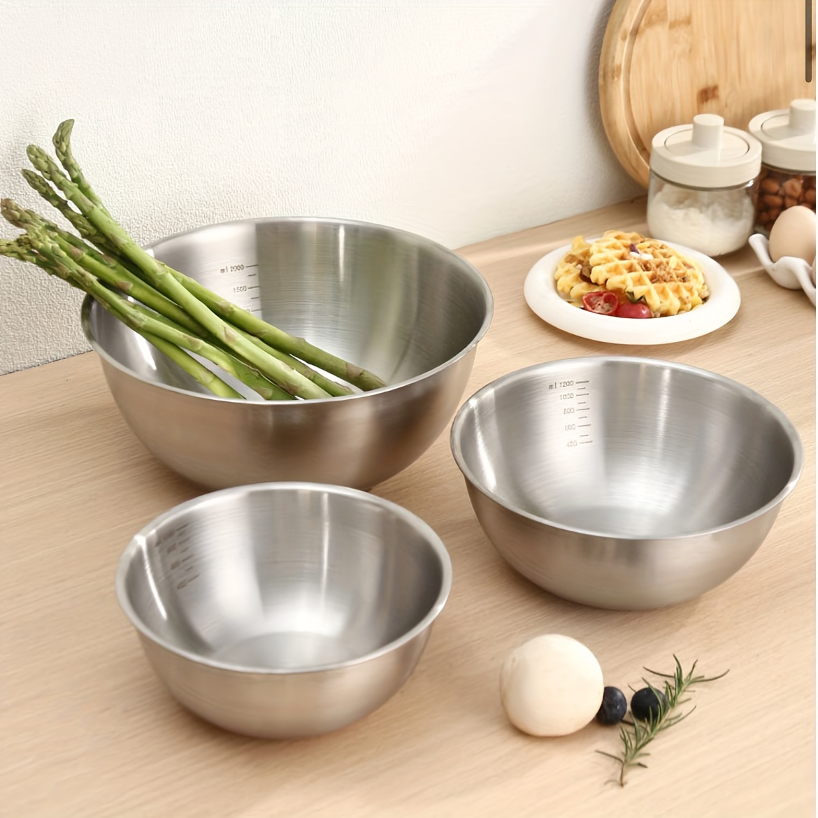 3pcs, Stainless Steel Mixing Bowl Set - 3 Sizes for Fruits and Vegetables,  Salad, and Washing - Kitchen Gadgets and Accessories