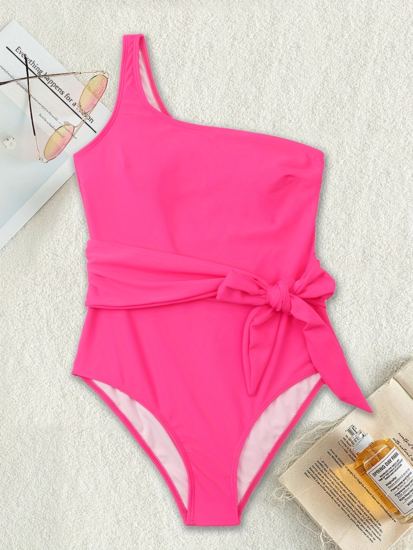 Neon Pink One Shoulder Bikini with Anemone Fringe & Aqua Sequin Belt
