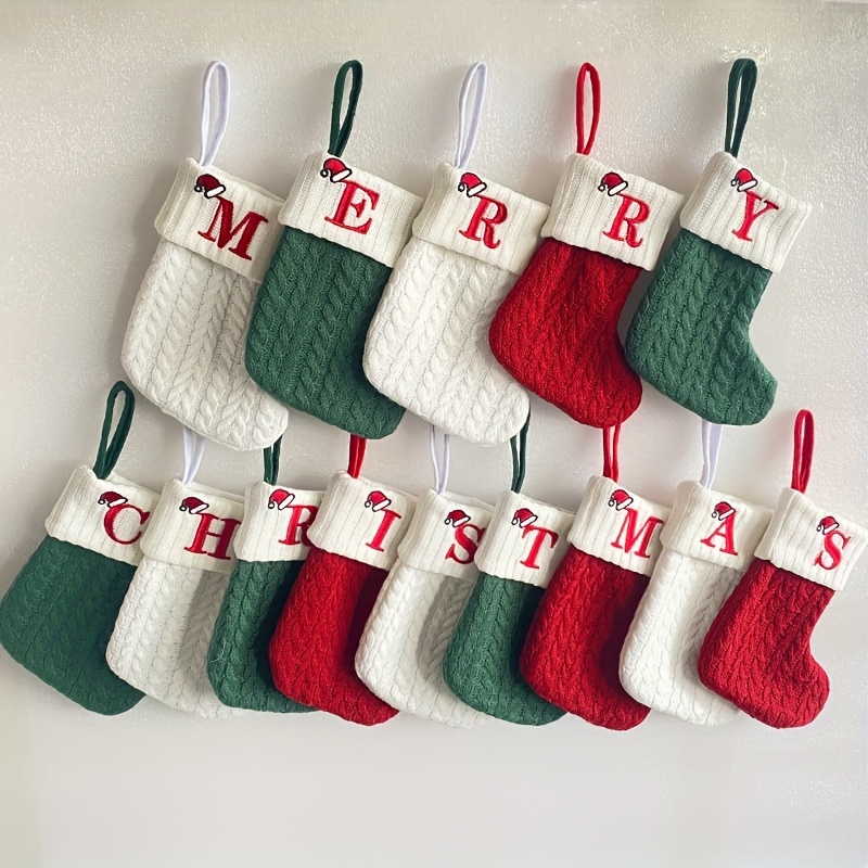 1pc Christmas Stocking With 26 Letter, Initial Embroidered Mini Cute Christmas Stockings Cord With White Super Soft Plush Cuffs Christmas Decorations