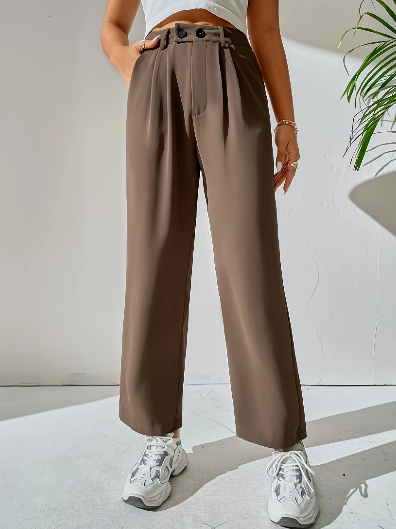 Pantalones de cintura alta sólidos, elegantes pantalones versátiles  fruncidos, ropa de mujer