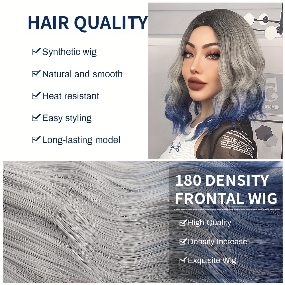 Gray Ombre Blue Water Wave Synthetic Wig Women Heat Temu