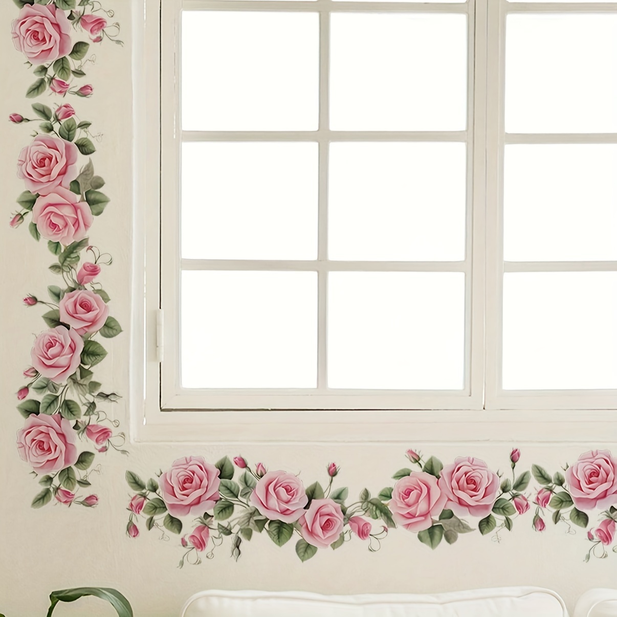 

1pc Aesthetic Flowers Wall Stickers, Pink Fairy Flowers Green Leaves, Removable Waterproof Vinyl Stickers, Stickers For Bedside Door Frame Living Room Background Wall Decor, Home Decor, 13.7*23.6in