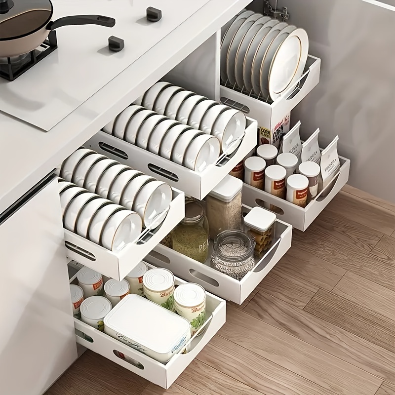 1pc Kitchen Dish Rack, Kitchen Cabinet Built-in Pull-out Type Bowl Plate,  Divider Storage Rack, Household Drawer Tableware Cup Holder, Storage Shelves