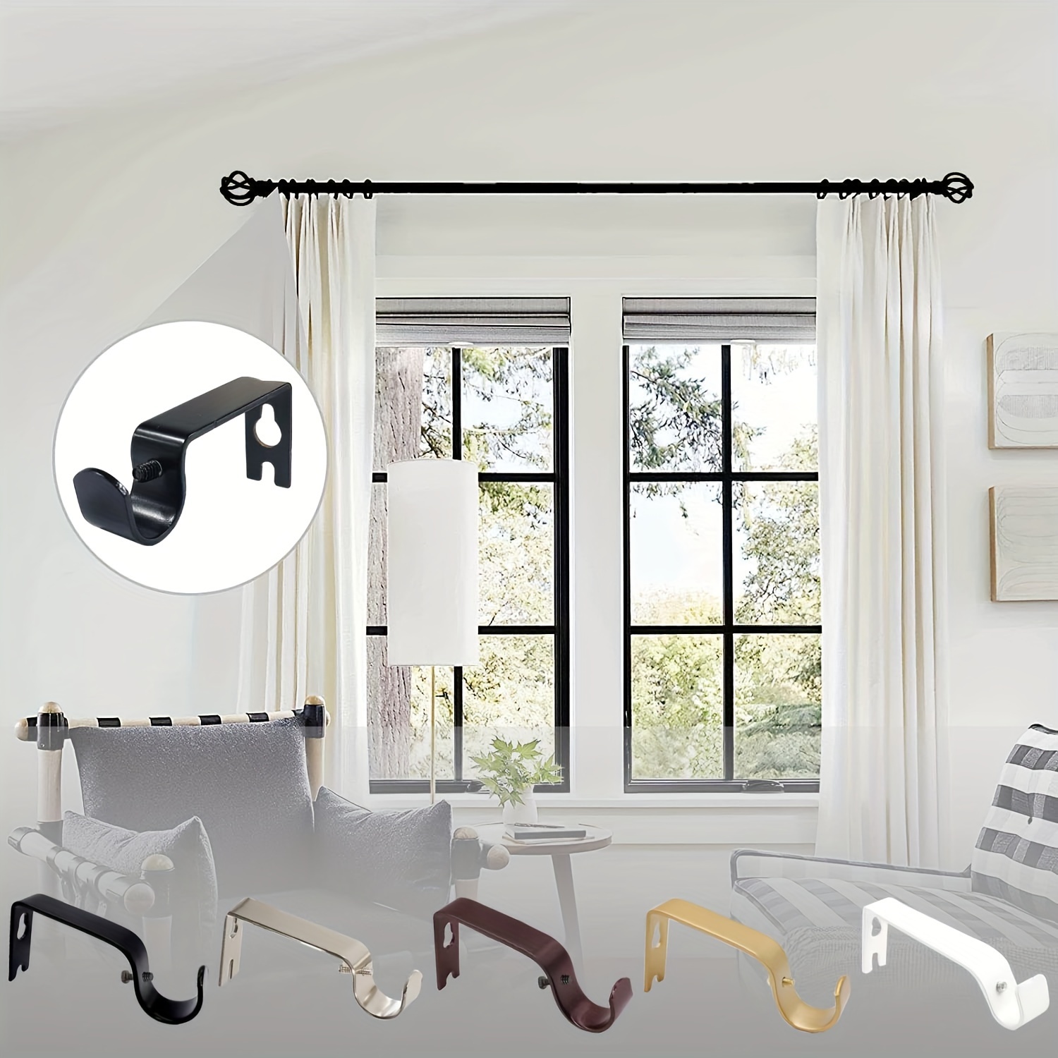 Barras de cortina ajustables de 1 pulgada, juego de barras de cortina  decorativas de ventana de 34 a 52 pulgadas con soporte, barra de cortina  negra