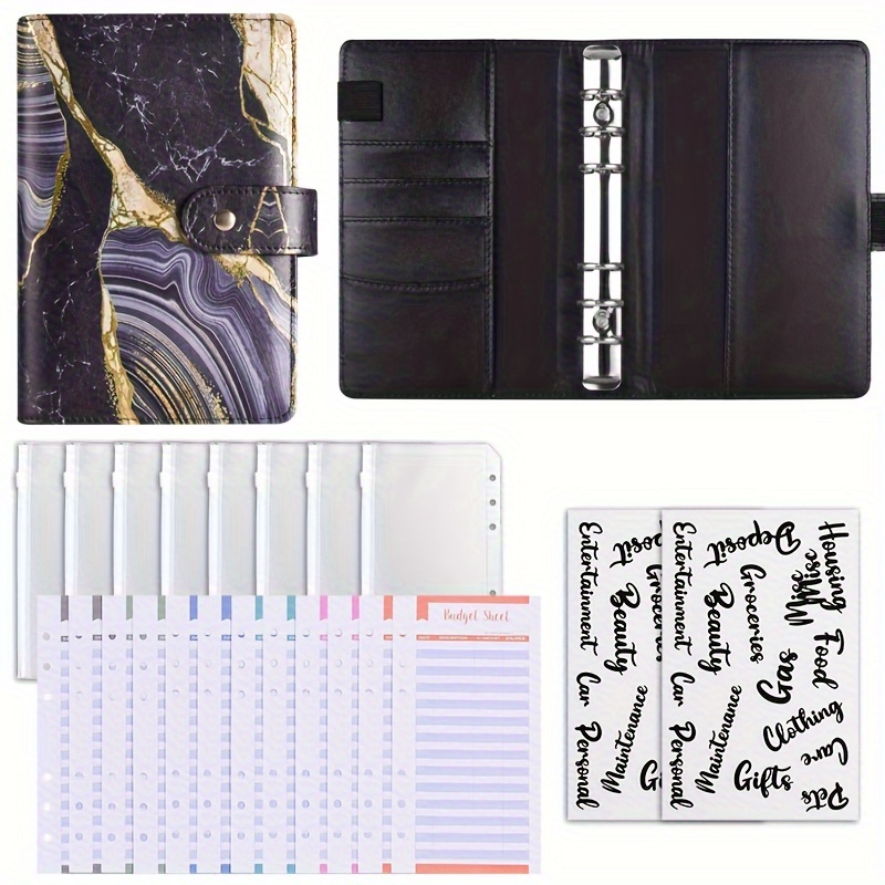 Marble Black Faux Leather A6 Budget Planner Binder With Zipper