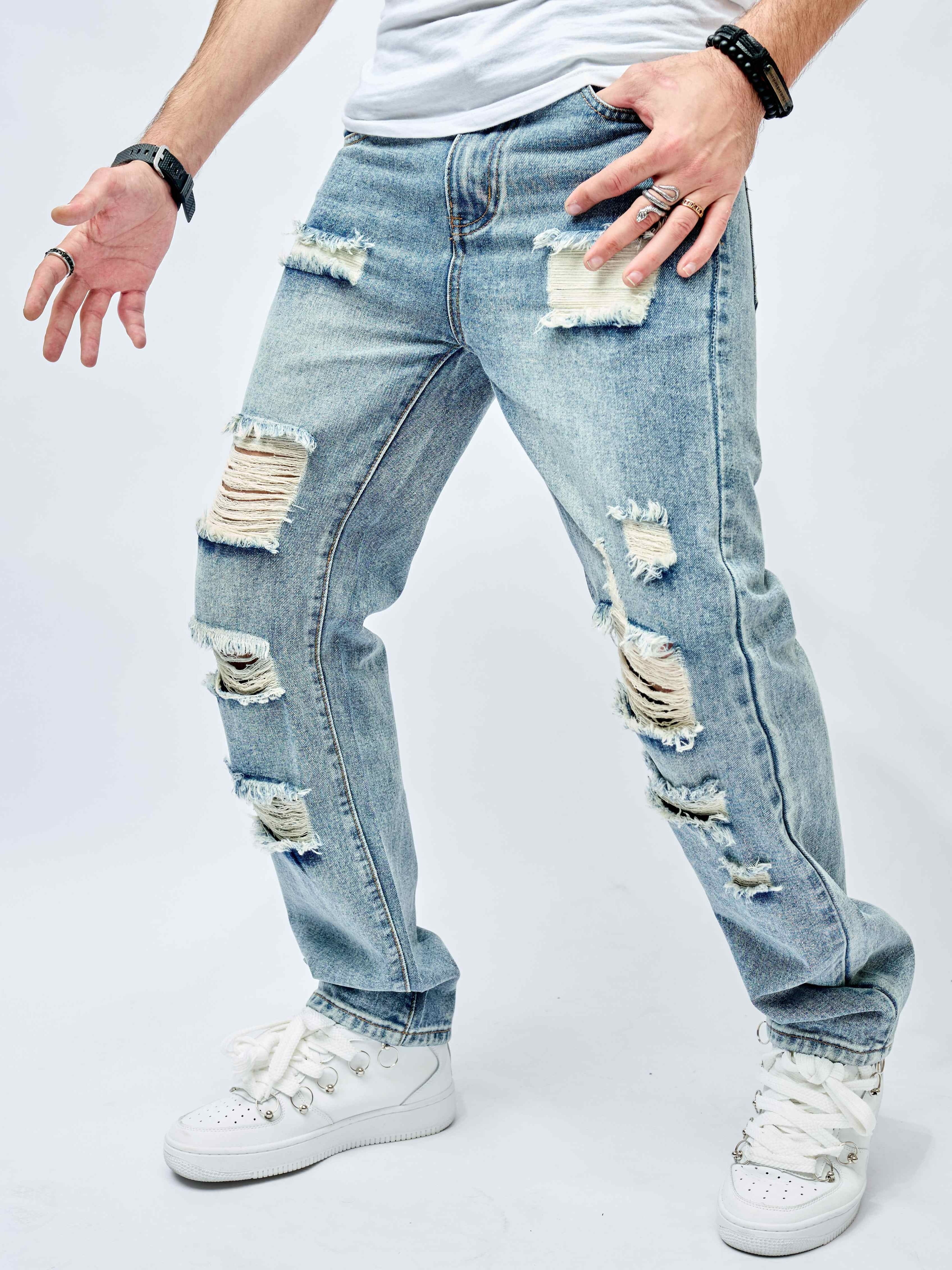 Washed Solid Patch Jeans, Men's Casual Street Style Distressed Slim Fit High Stretch Denim Spring Summer Jeans Pants, Trousers,Casual,Temu