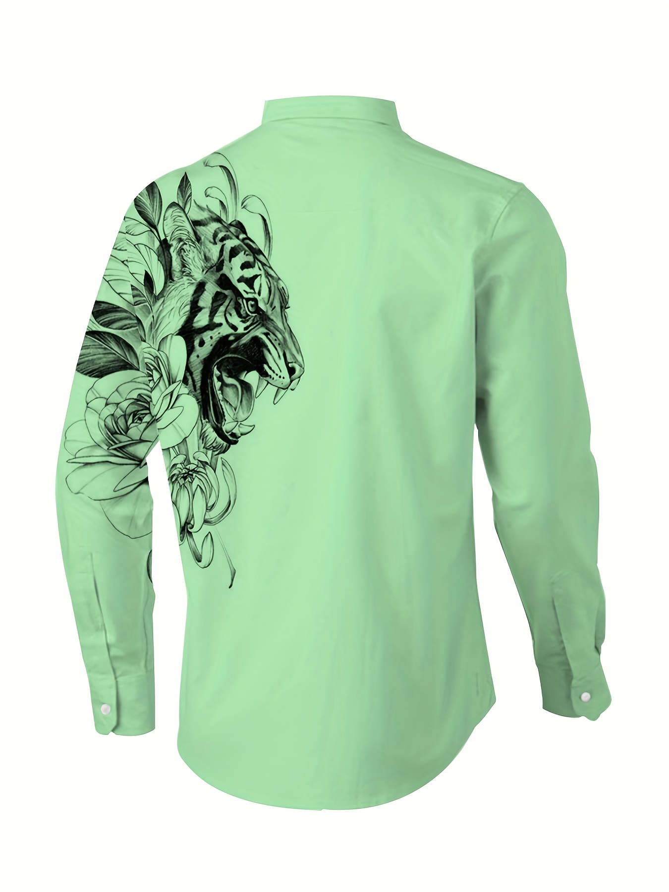 Plus Size Men's Tiger Print Striped Shirt Long Sleeve Shirt Slim Fit Tops for Spring/Autumn, Men's Clothing,Light Green,Temu