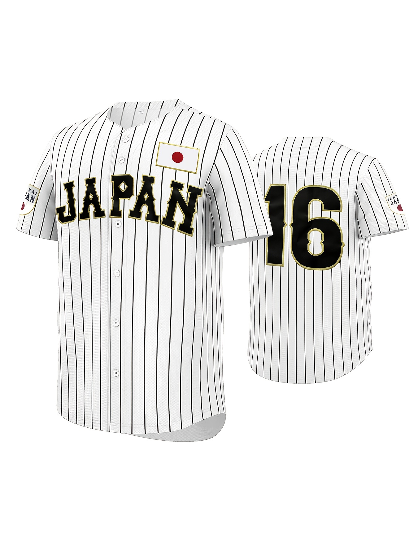 Men's Japan #16 Striped Baseball Jersey, Retro Classic Baseball Shirt, Slightly Stretch Breathable Embroidery Button Up Sports Uniform for Training