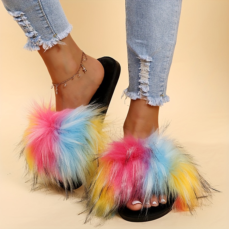 Colorful Fluffy Pattern Home Slippers Slip Soft Sole Flat Temu