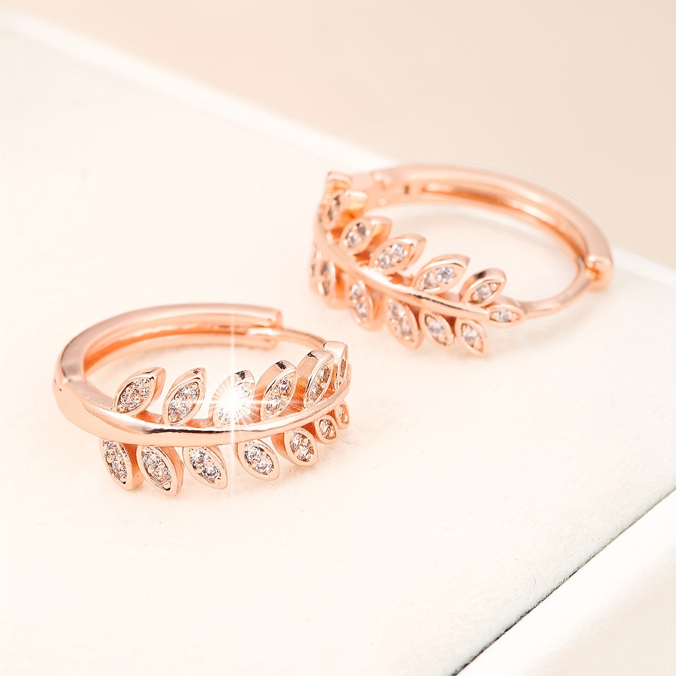 Leaf Shaped Hoop Huggie Earrings Inlaid Zircon