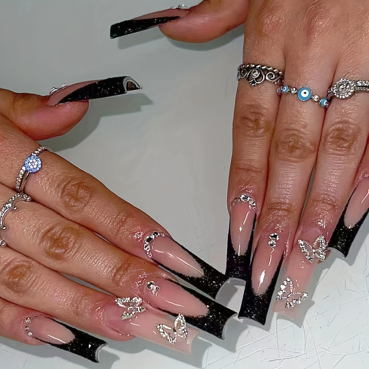 Onyx Glam Luxury Nails 3D Acrylic Flower Black Tip Nails Vtip Nails Black  Press on Nails Coffin Stiletto Square 