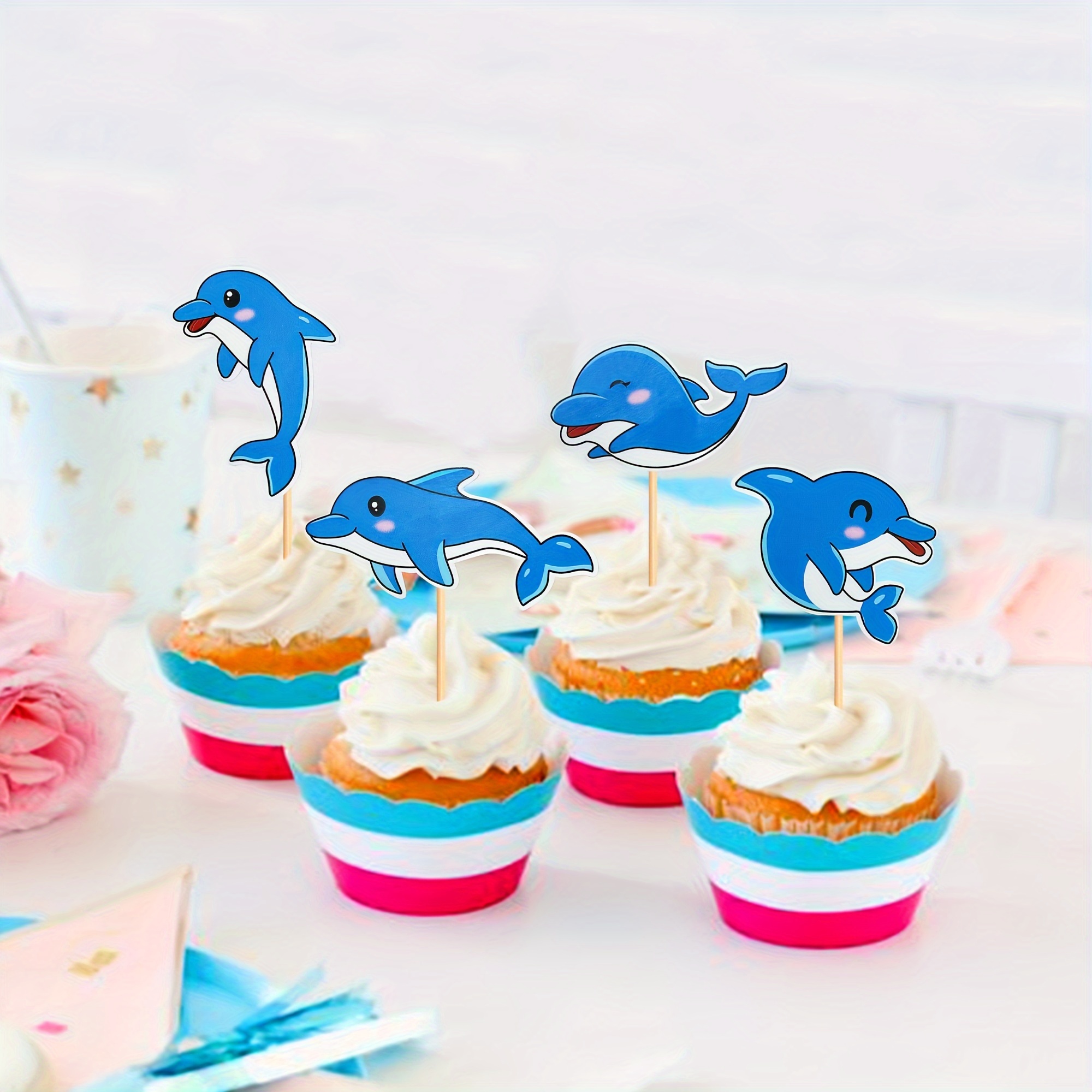 12/24pcs, Cute Cartoon Dolphin Cake Topper Ocean Animal Theme Birthday  Party Dessert Table Decoration Layout Insert Sign