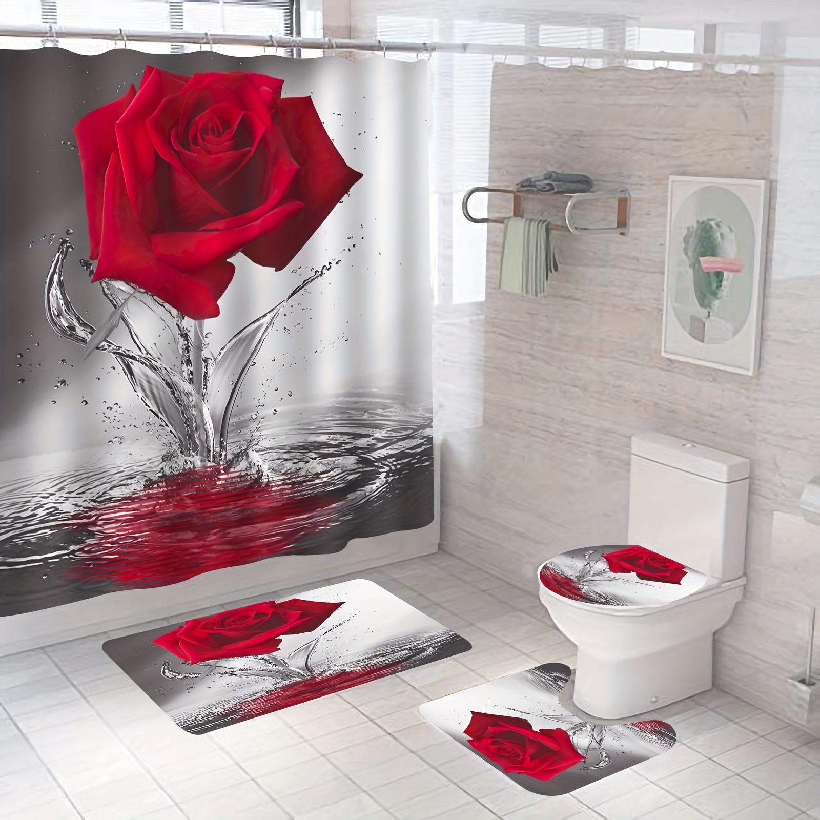 1pc/3pcs/4pcs Romantic Floral Red Rose Bathroom Shower Curtain Set With  Non-Slip Mat And 12 Hooks - Soft And Waterproof Fabric For A Luxurious  Bathroo