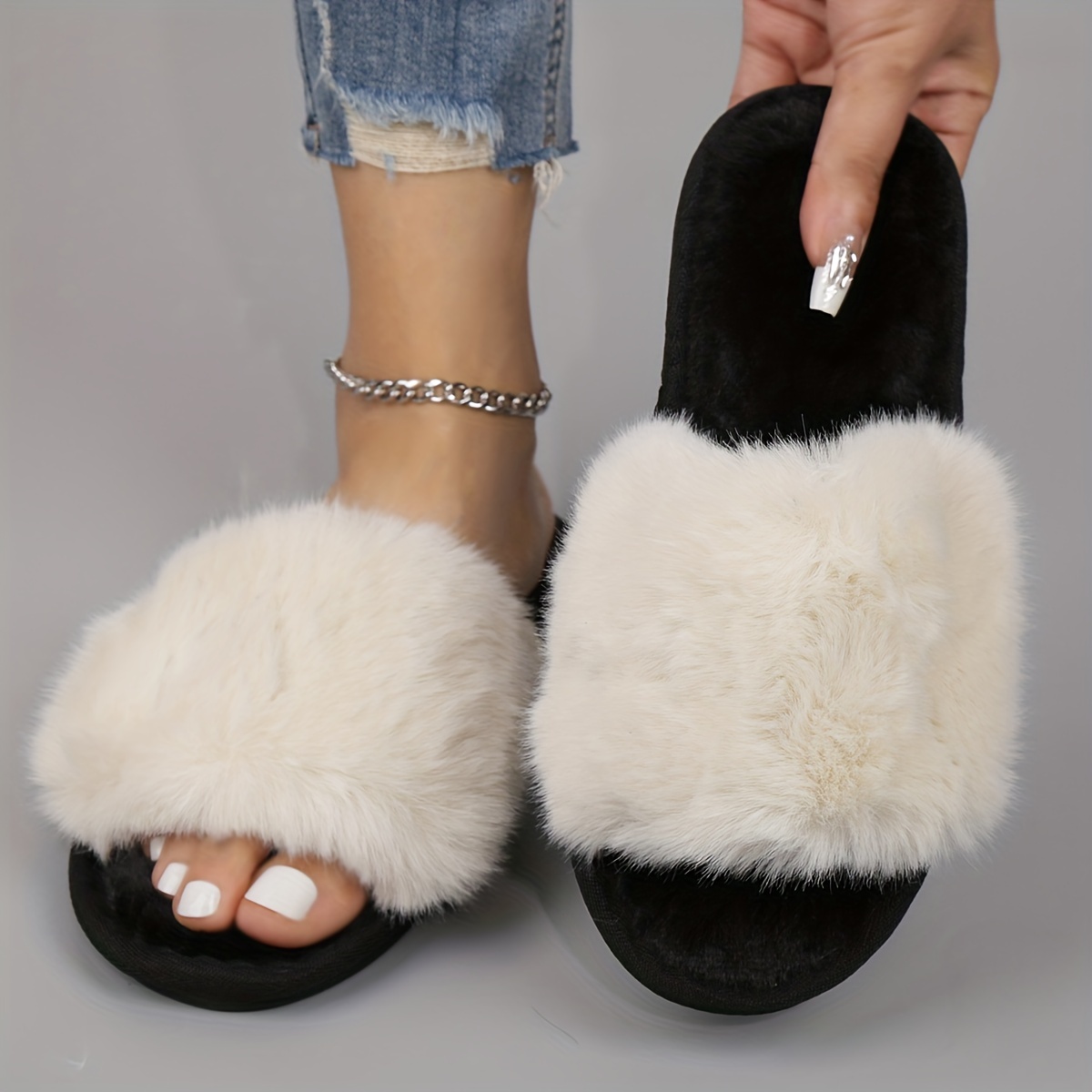 Open Toe Fuzzy Slippers for Women, Grey Plain House Shoes Home Sandals  Slides Comfy Anti-Slip