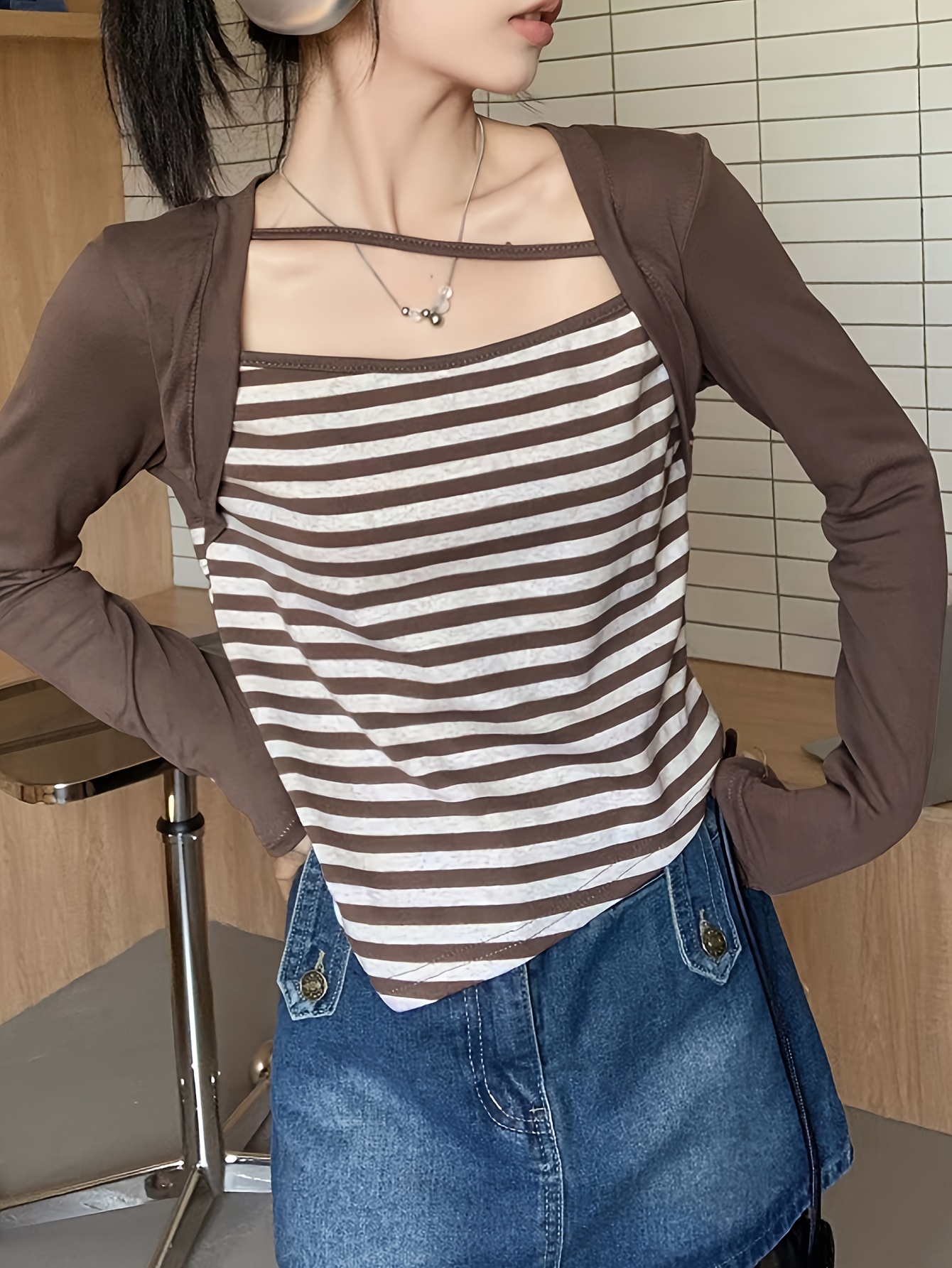 تي شيرت صناعي بطباعة مخططة، قميص كاجوال بأكمام طويلة Temu Saudi Arabia