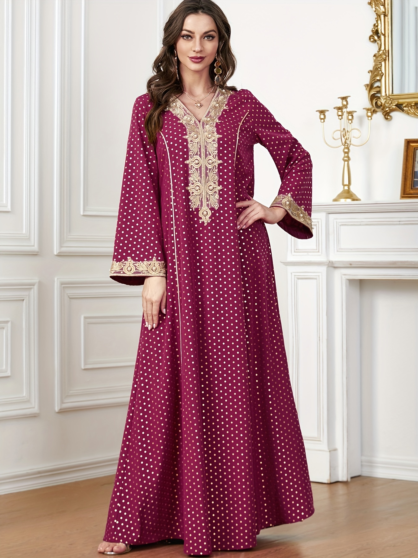 Abito Lungo Maxi Kaftano Donna, Maniche Lunghe, Scollo A V, Pois, Con Ricami, Elegante
