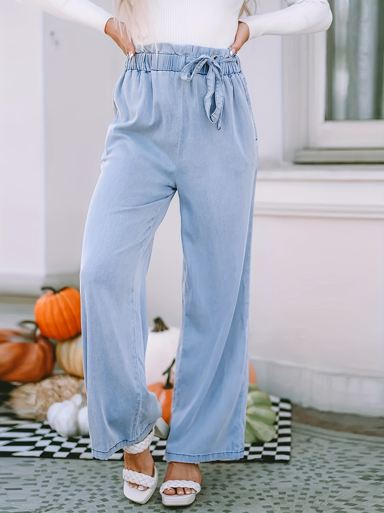 elastic waist washed straight jeans loose fit with waistband casual denim pants womens denim jeans clothing