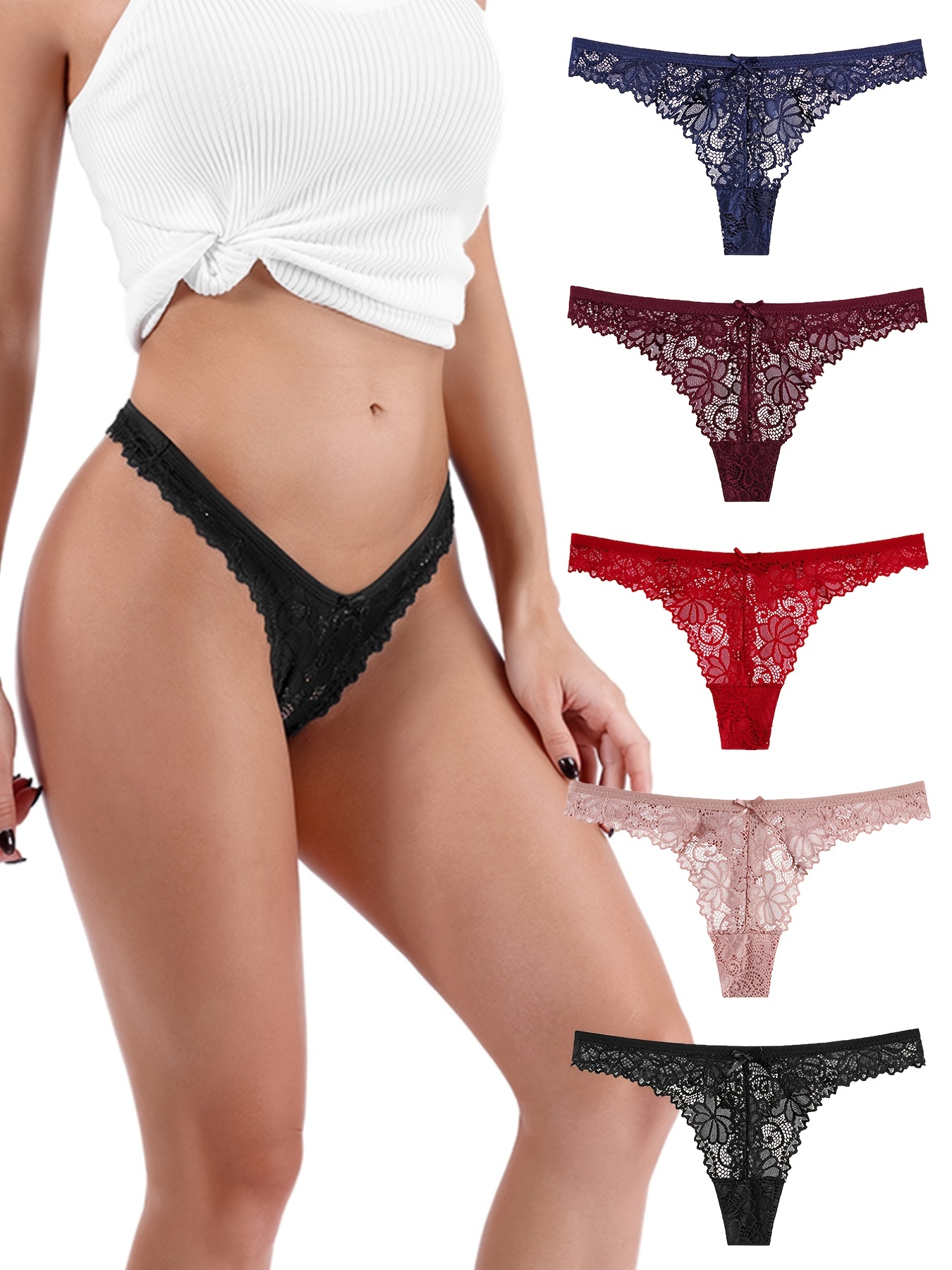 [5 Pack] Breathable Low Rise Sexy Lace Thong, Solid Medium Elastic  G-Strings & Thongs, Women's Lingerie & Underwear