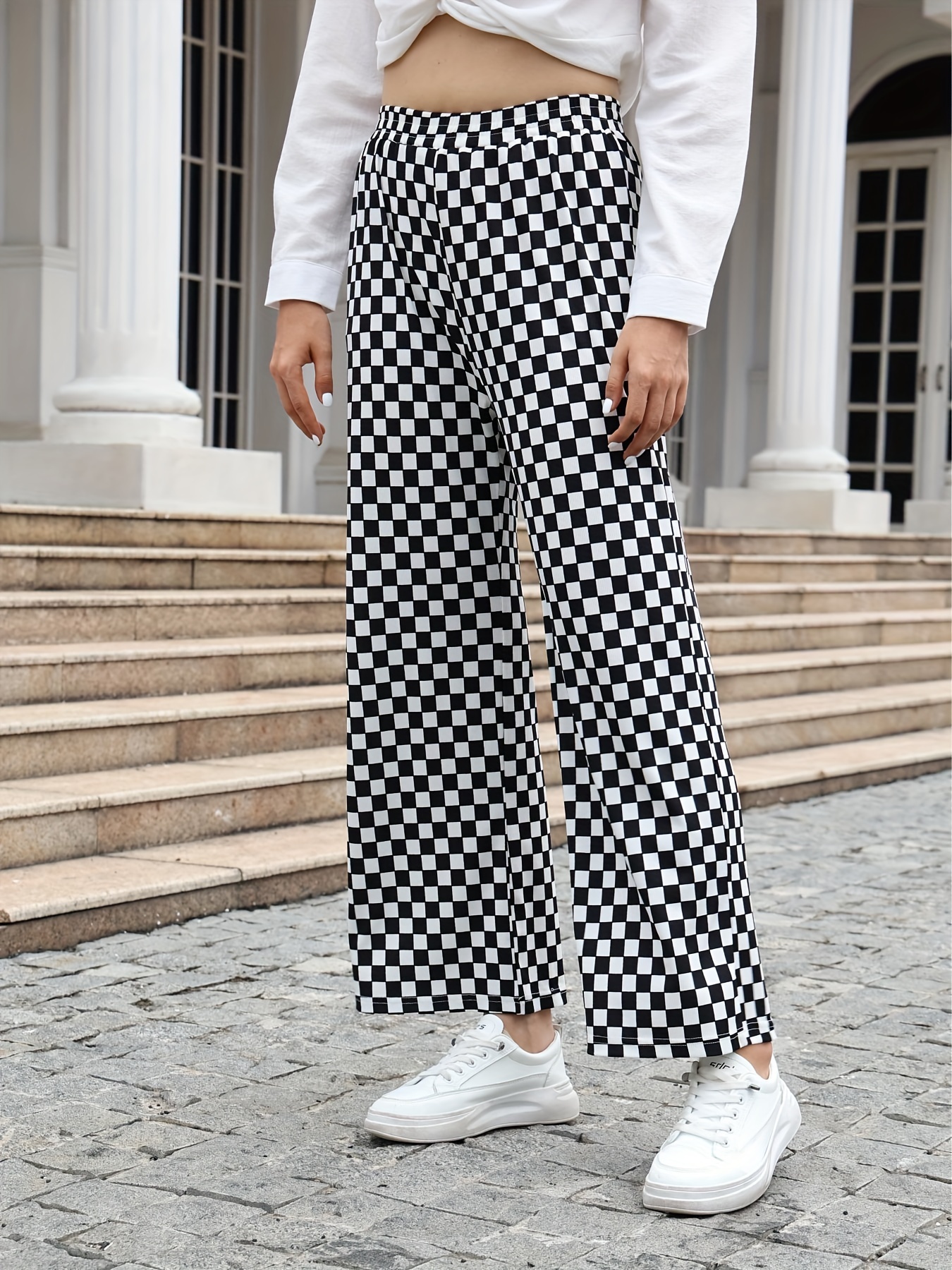 Checkerboard Plaid Print Pants Casual Wide Leg Pants Spring - Temu