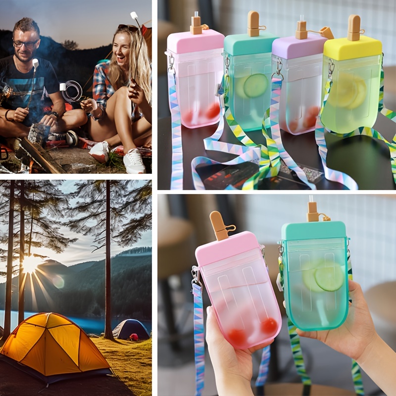 Popsicle Water Bottle with Strap, Creative Ice Cream Water Bottle, Transparent Water Jug Juice Drinking Cup Suitable for Camping Sports Shopping Kids