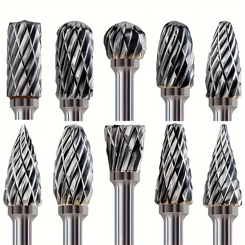 

10pcs/set Carbide Burr Set, Carbide Rotary File Grinding Head Double Slot Rotary File Tungsten Steel Grinding Head Tungsten Steel Milling Cutter Set