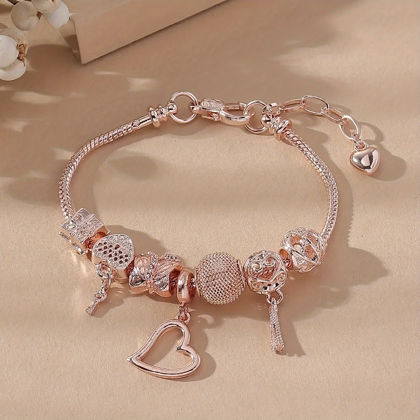TEMU 1 Elegant Temperament Fashion Artificial Rhinestone Handmade Beaded Hollow Peach Heart Detachable Women's Copper Bracelet Party Nightclub Daily