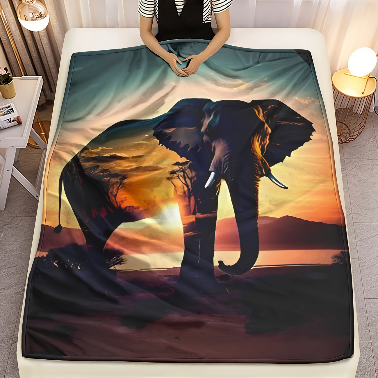 Sunset Nature Elephant Print Blanket Flannel Ultra Soft Temu