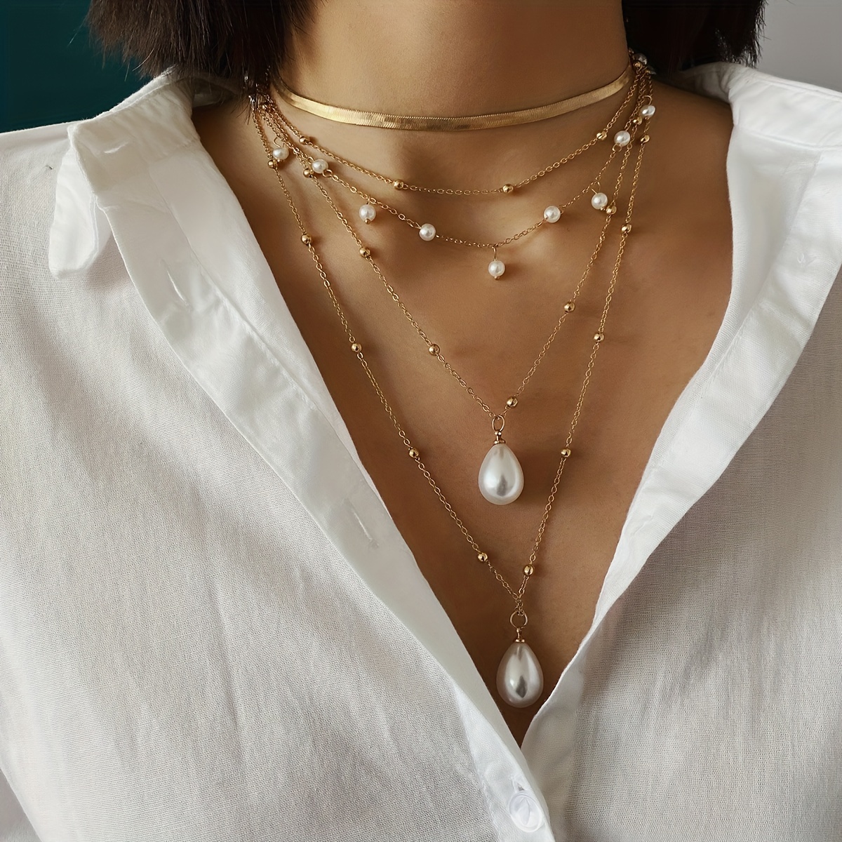2pcs Layered Tassel Faux Copper Bead Flat Snake Chain Necklace Set