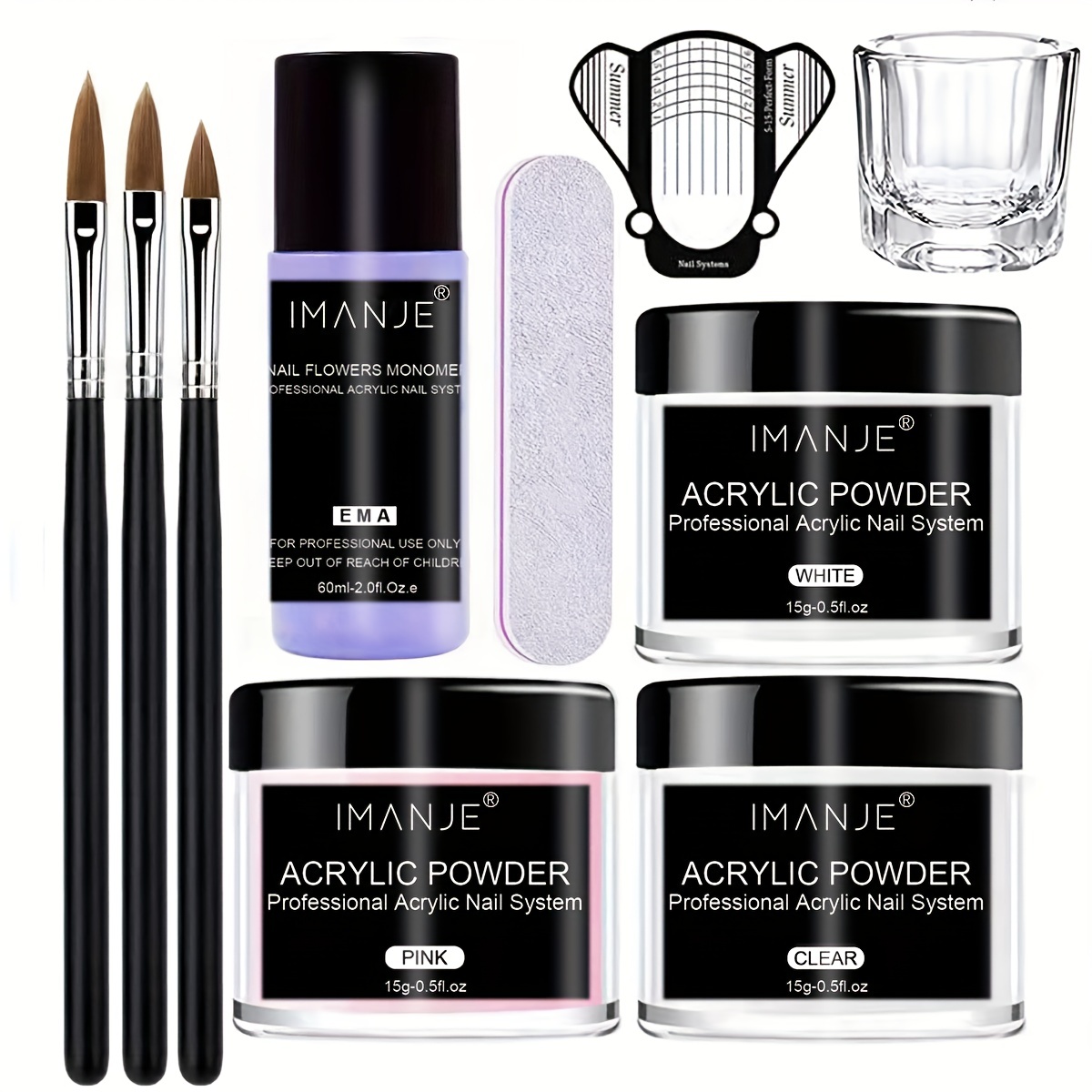 Acrylic Nail Kit – White Pinkish Clear Acrylic Powder & Nail Flowers  Monomer Set With Nail Brush