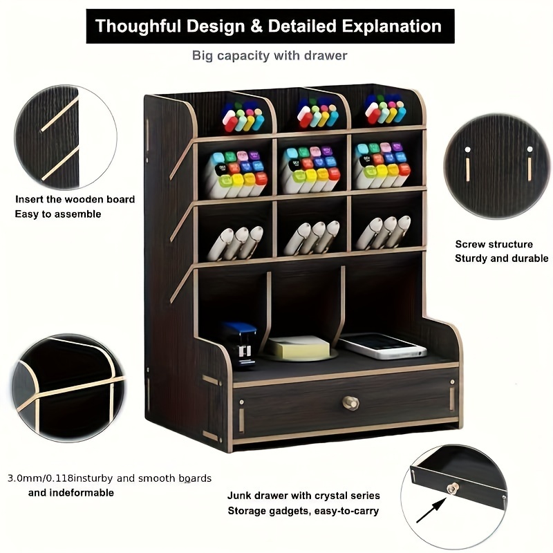 1pc Organizador De Escritorio De Madera, Soporte De Bolígrafo DIY  Multifuncional, Organizador De Bolígrafos Para Escritorio, Papelería De  Escritorio