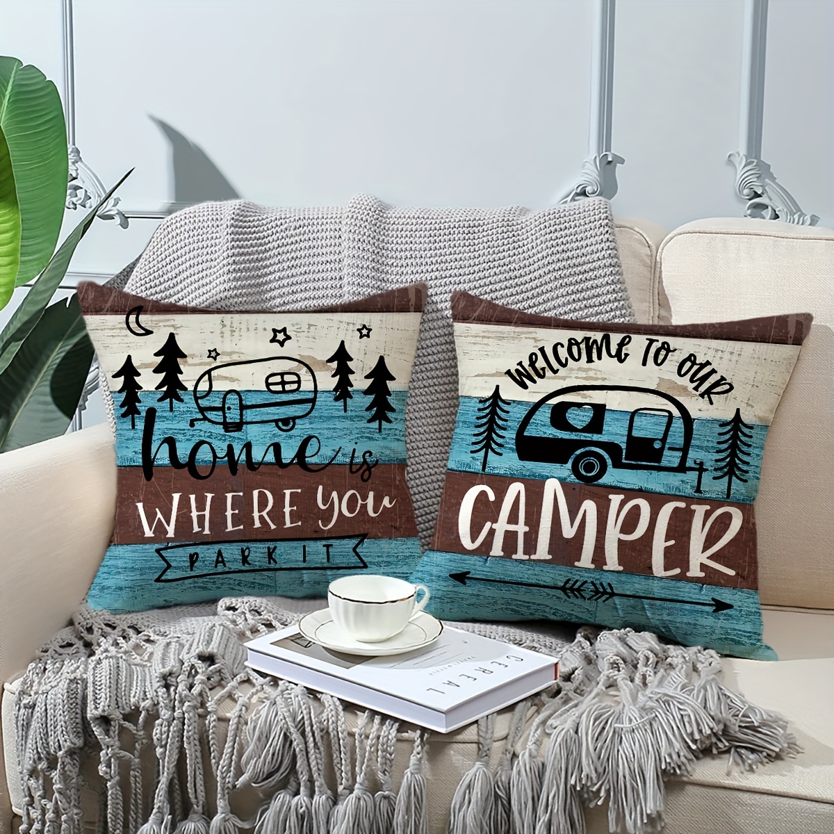 

4pcs Happy Camping Printed Throw Pillow Covers, 18*18inch Farmhouse Style Welcome To Our Camper Decor Cushion Cases, For Porch Patio Couch Sofa Living Room Outdoor, Without Pillow Inserts