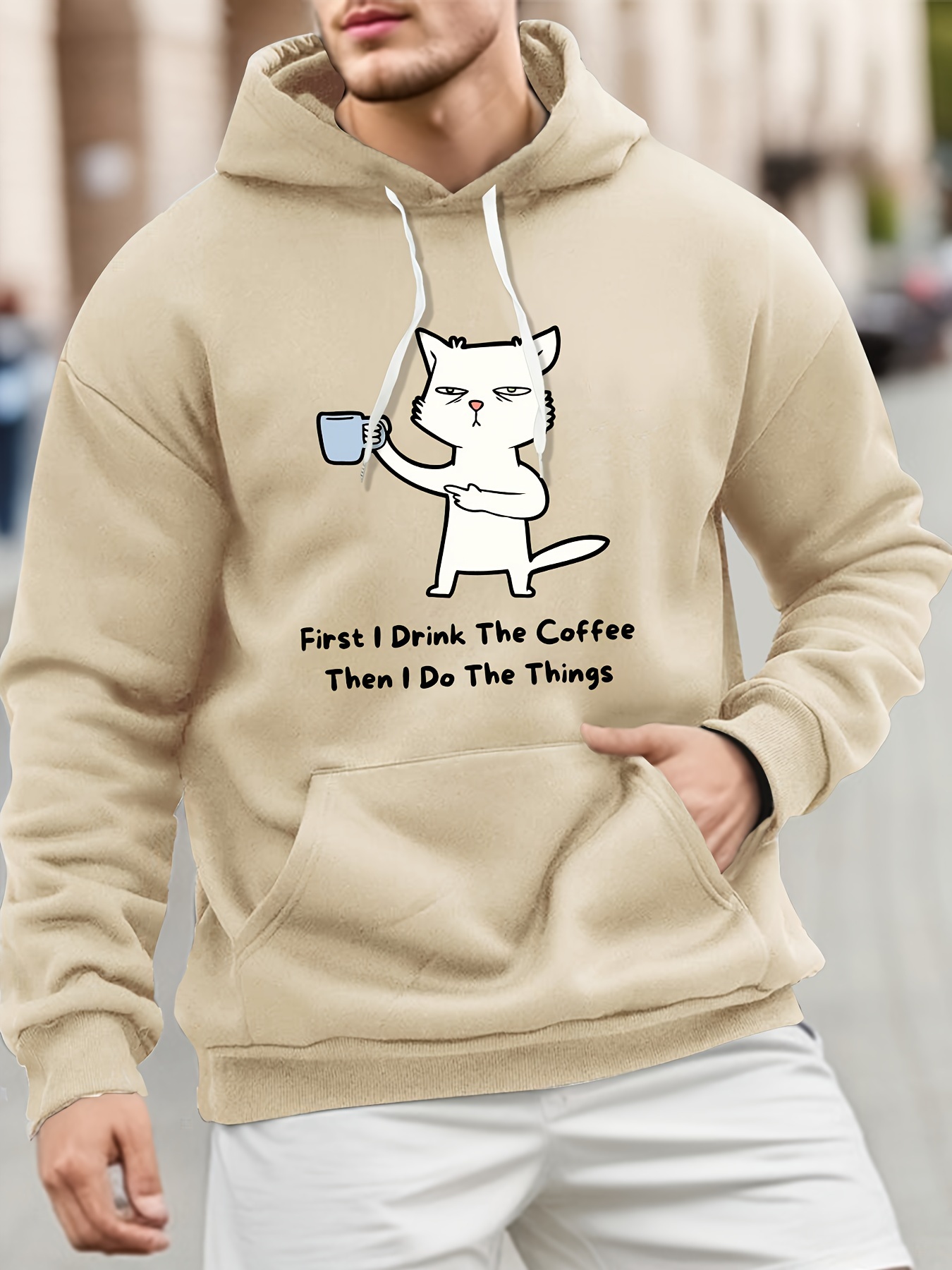 Hooded Slight Stretch Casual Sweatshirt, Men's Long Sleeve Print Pocket Drawstring Top Hoodie,Coffee,Temu