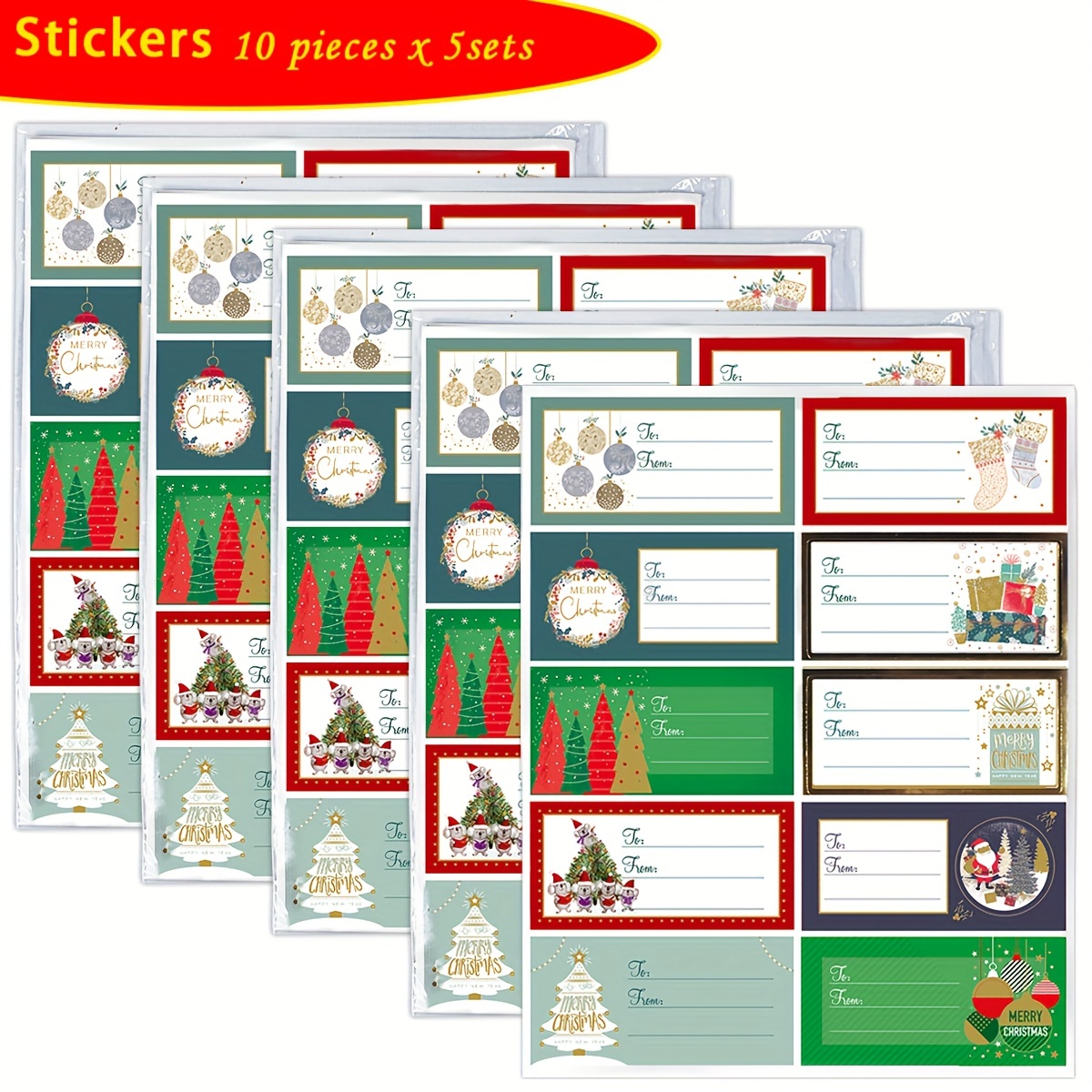 Christmas Tags for Gifts - 50 Pieces Christmas Gift Tags Self-Adhesive Stickers - 10 Different Designs Gift Tags Sticker Christmas - to and from