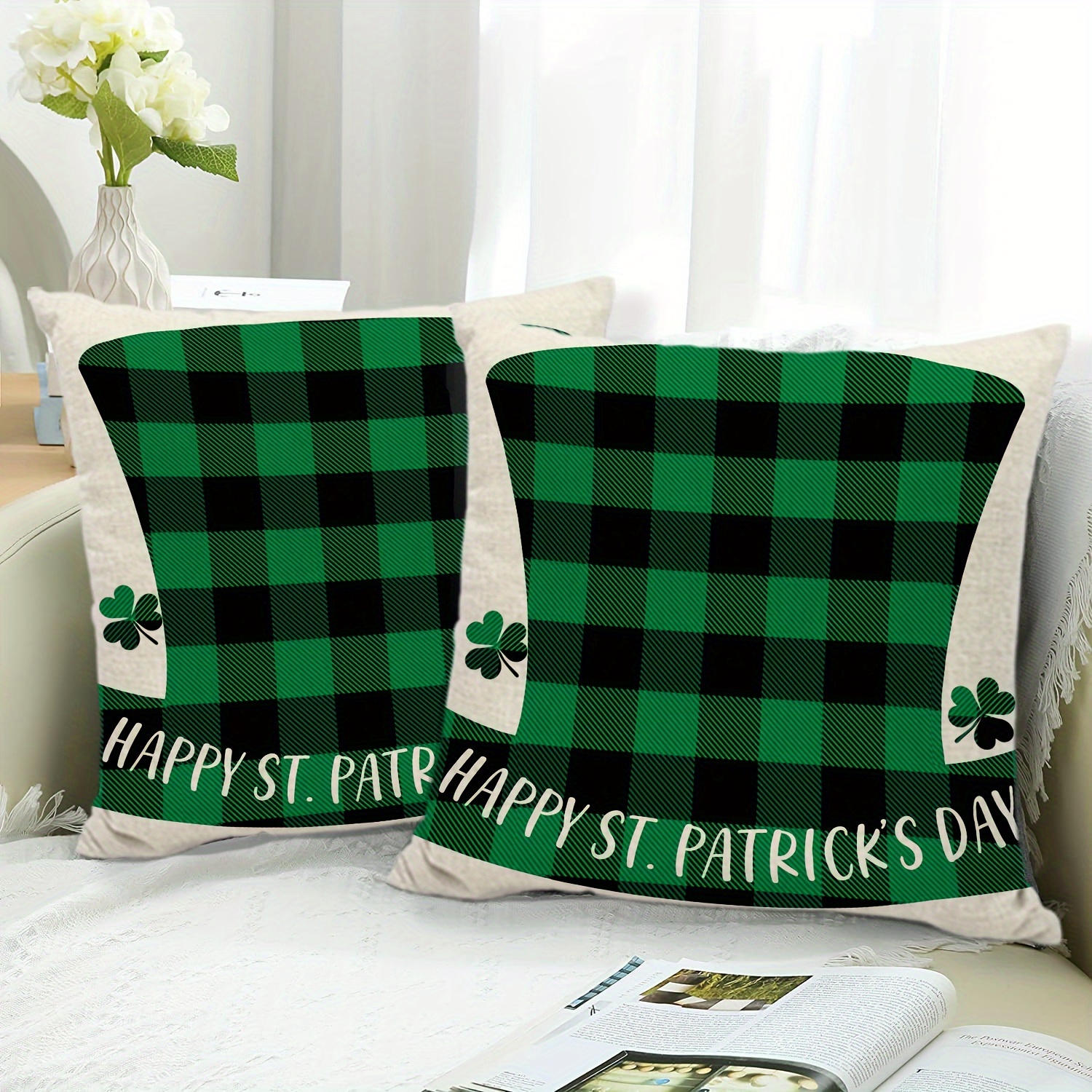 Green Throw Pillow Covers Farmhouse Polylester Linen Buffalo Plaid Truck  Lucky Blessings Decorative Pillowcase St. Patrick's Day For Sofa No Pillow  Inserts - Temu
