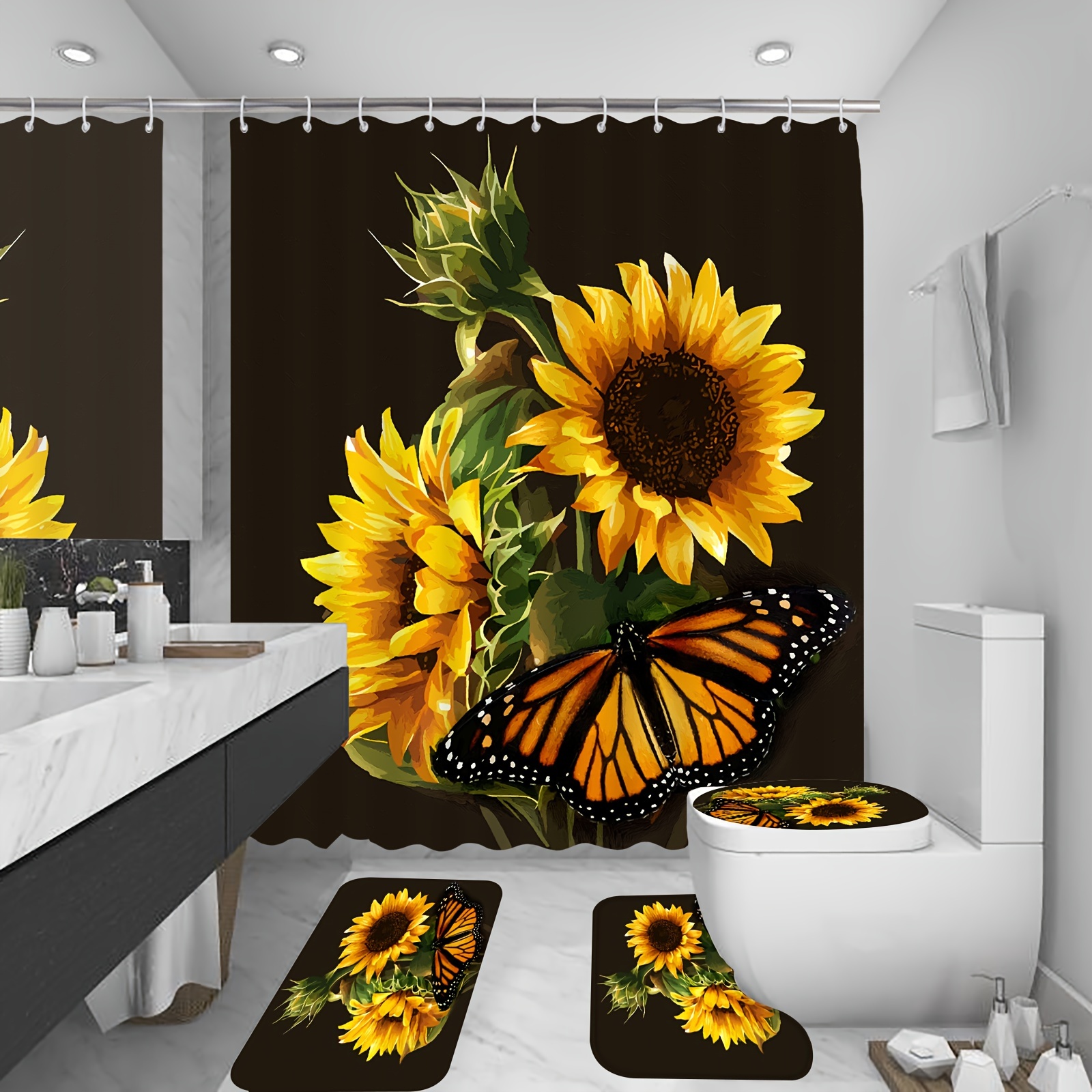 4 Pcs Butterfly outlet Shower Curtain with Non-Slip Rug, Toilet Lid Cover and Bath Mat