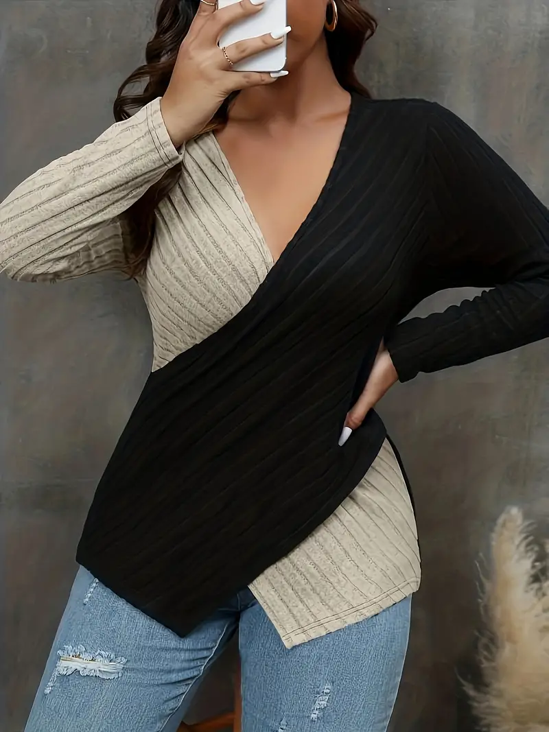 plus size casual sweater womens plus colorblock cross v neck long sleeve medium stretch jumper details 36
