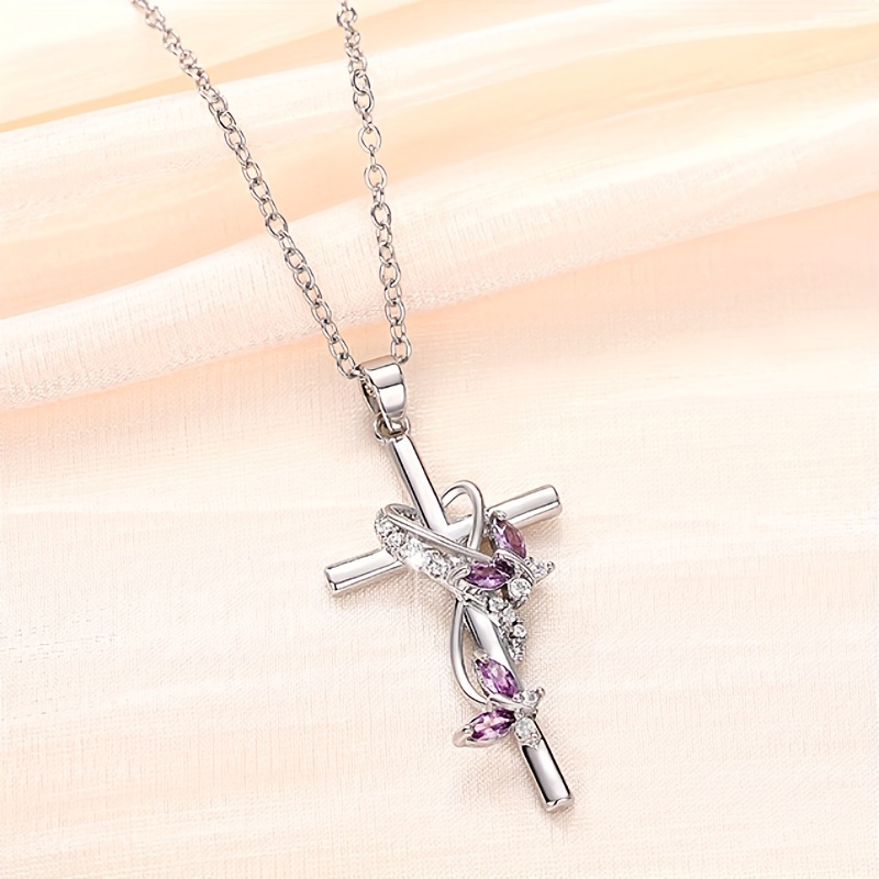 Image of Stylish Cross Vine Eternal Pendant Necklace With Exquisite Ocean Blue Synthetic Gemstone Jewelry, Elegant Women's Wedding Engagement Gift For Daily Wear