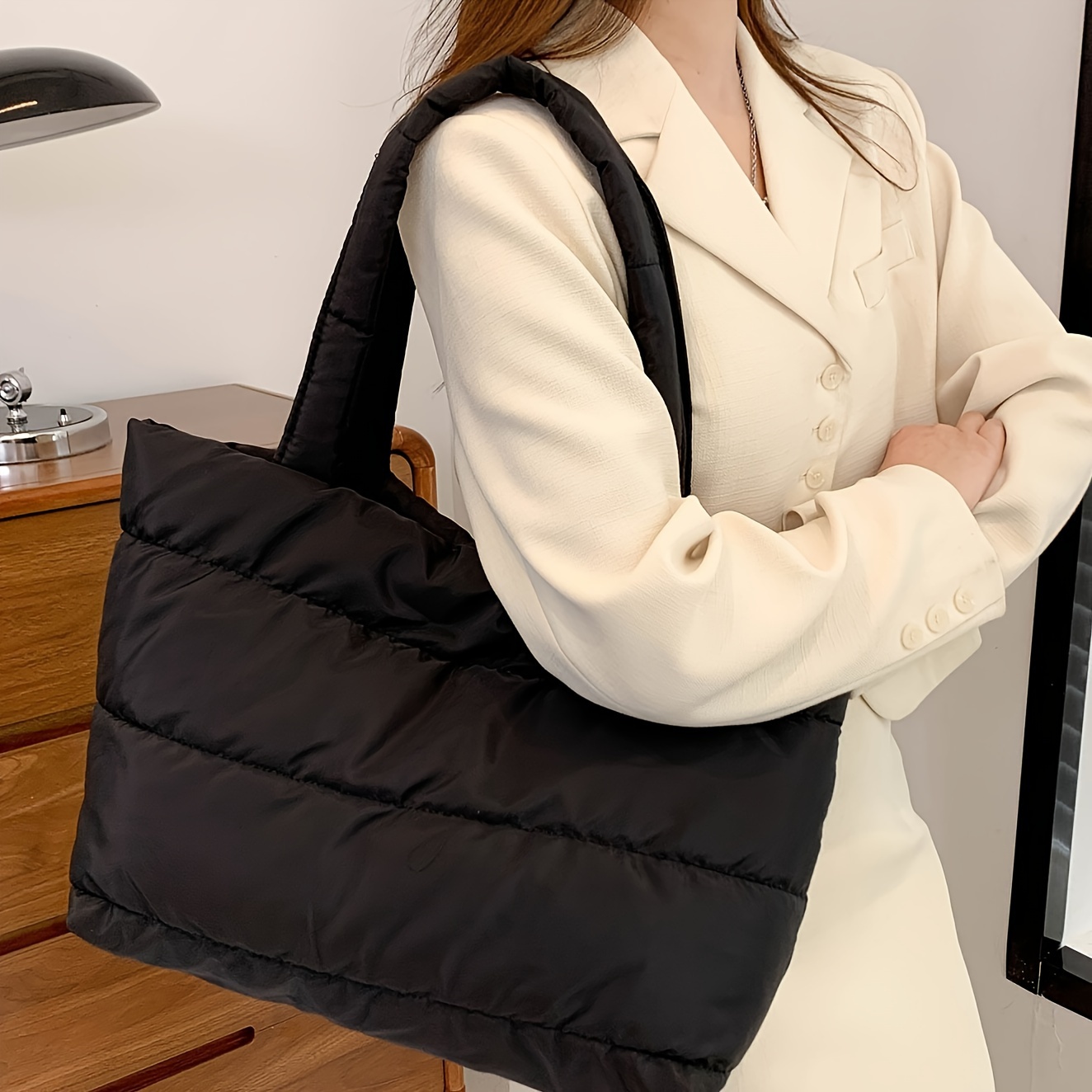 Large Capacity Minimalist Tote Bag - Quilted Padded Shoulder Bag, Solid  Color Nylon Handbag - Temu Germany