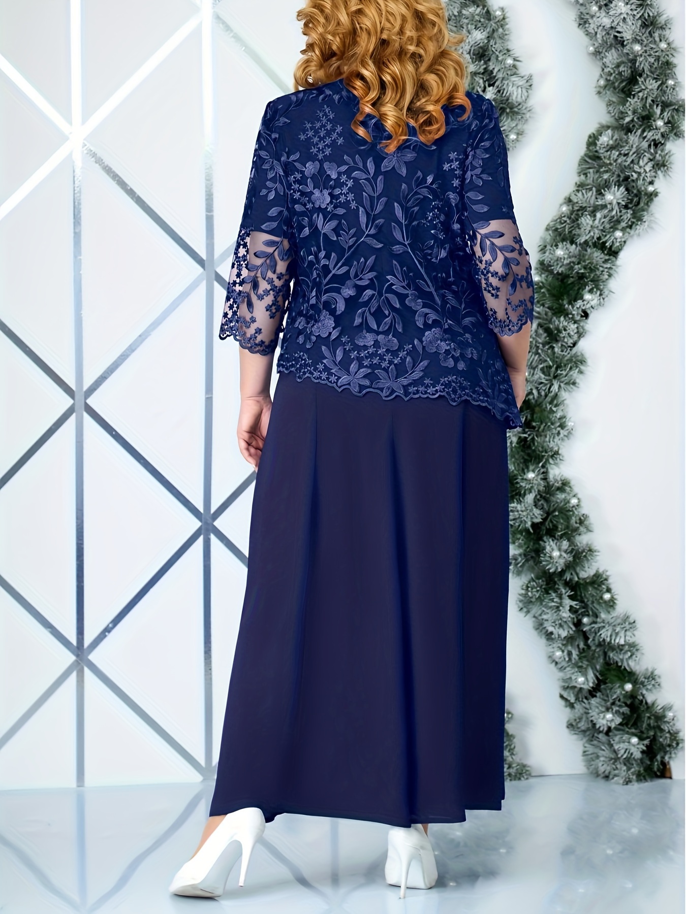 Plus Size Elegant Dress Women's Plus Solid Contrast Lace - Temu