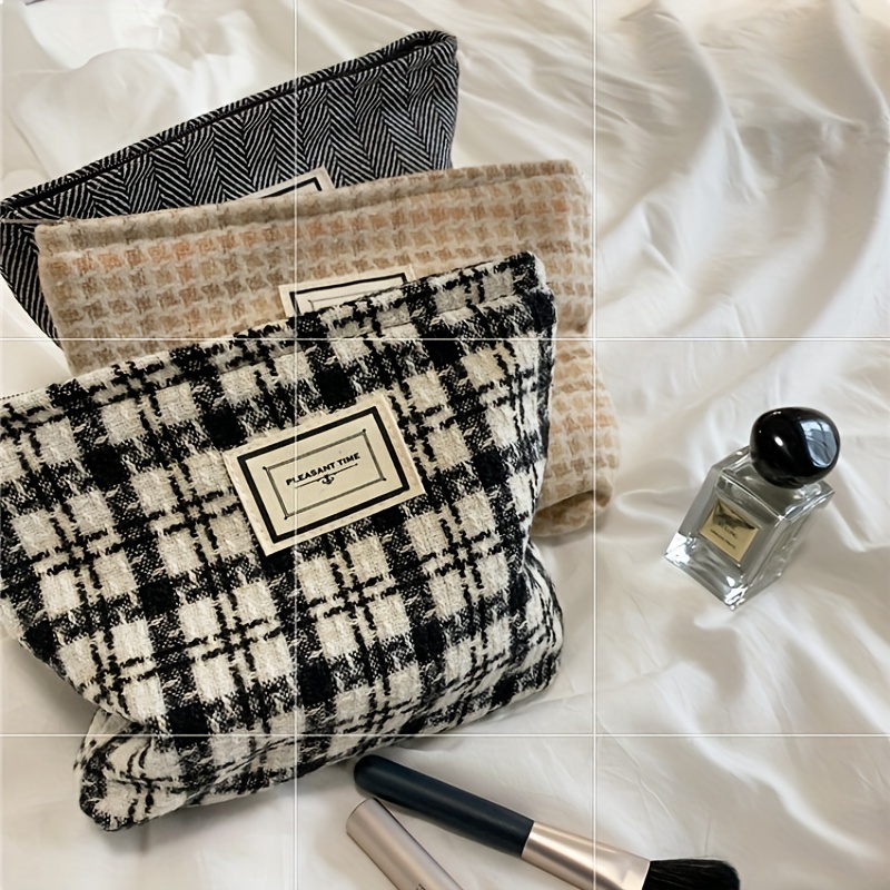 Checkerboard Pattern Makeup Bag, 1pc Large Capacity Contrast Knit