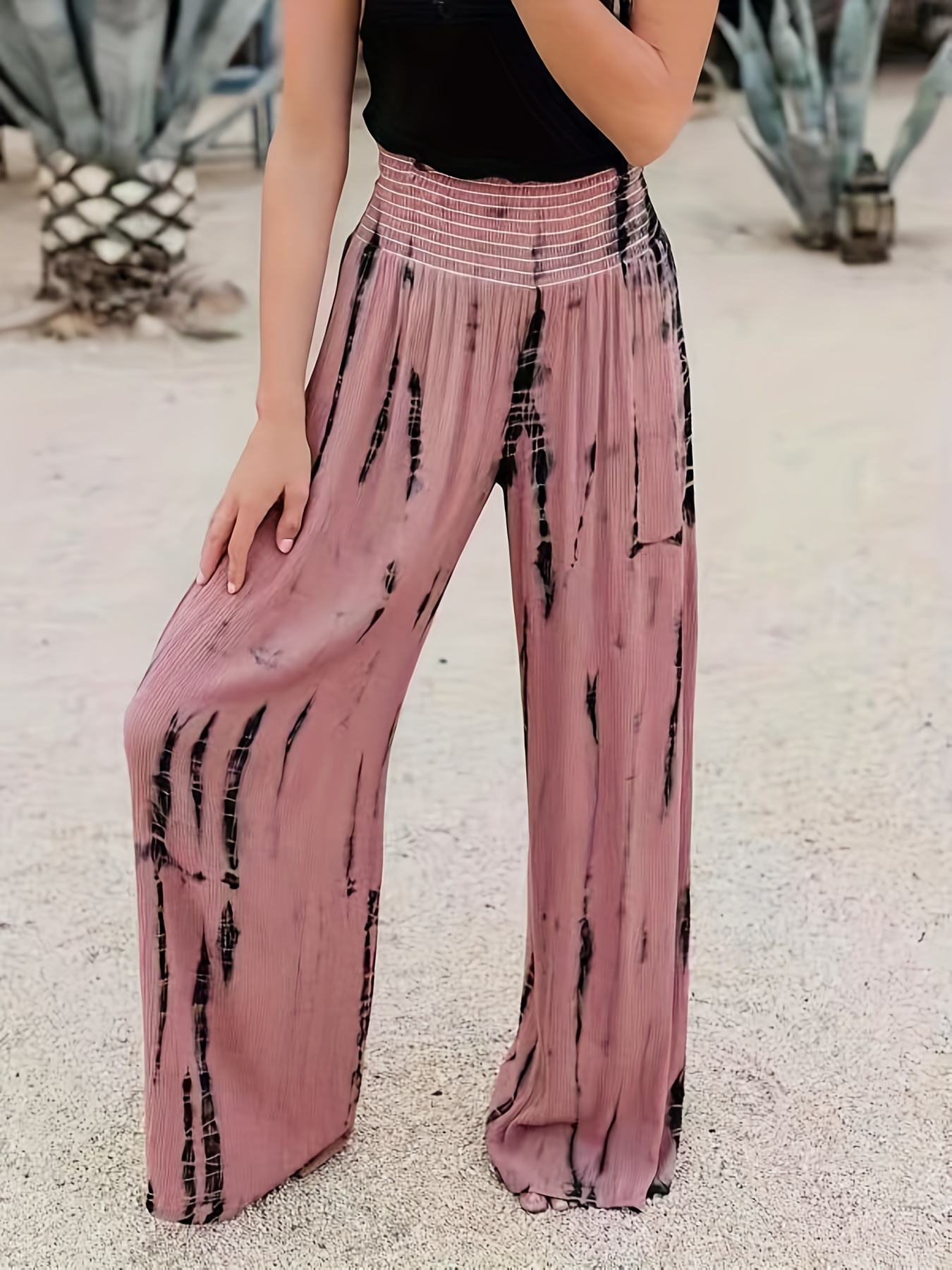 Tie Dye Wide Leg Pants Casual Shirred Waist Pants Spring - Temu