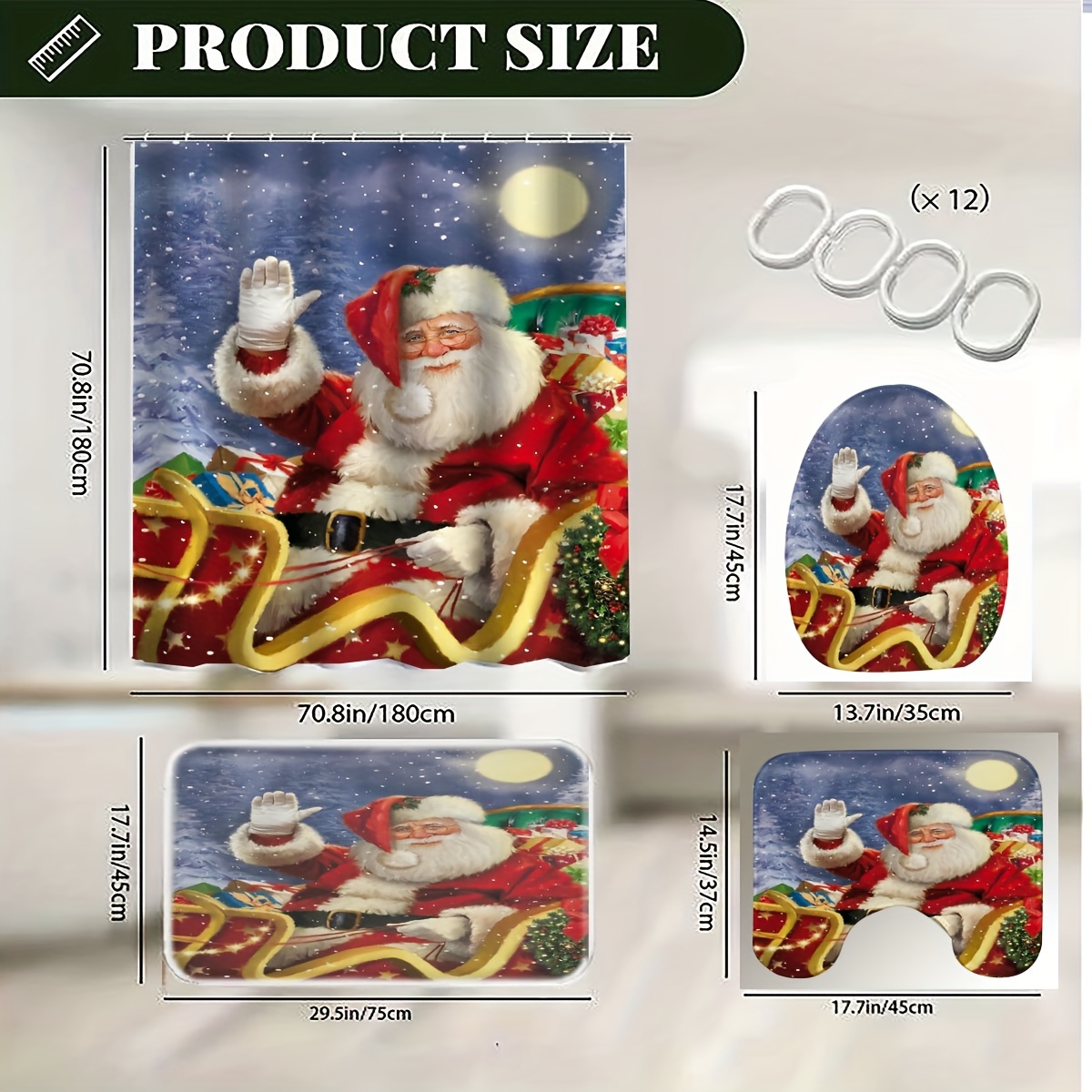 Santa On Sled Pattern Bathroom Set, Waterproof Mildew Resistant Shower  Curtain With 12 Plastic Hooks, Non-slip Bathroom Floor Mat, Toilet U-shaped  Mat, Toilet Lid Mat, Bathroom Christmas Decorations, Bathroom Accessories -  Temu