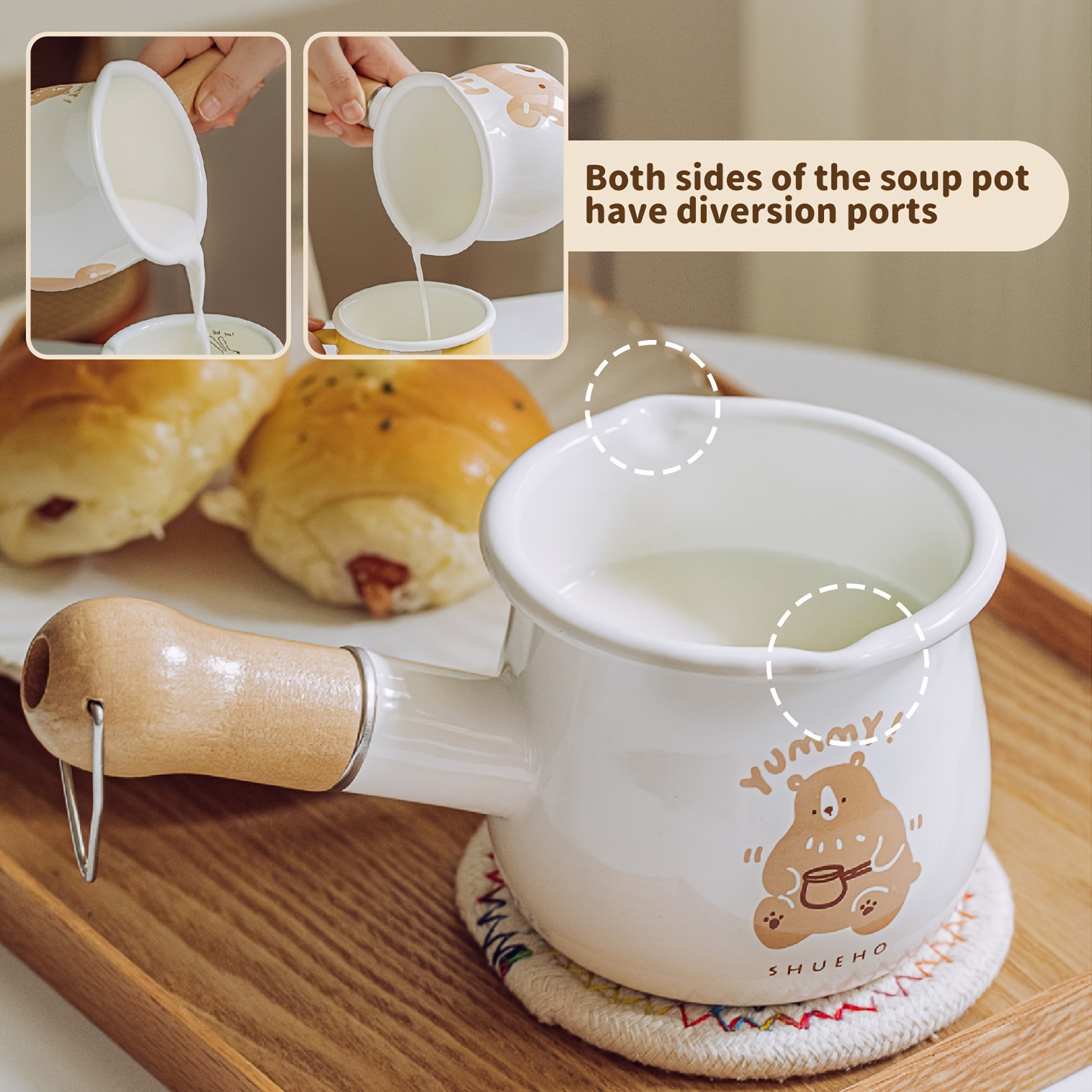 Cute Bear Pattern Butter Warmer, Enamelware Saucepan Small Cookware With  Wooden Handle, For Heating Smaller Liquid Portions