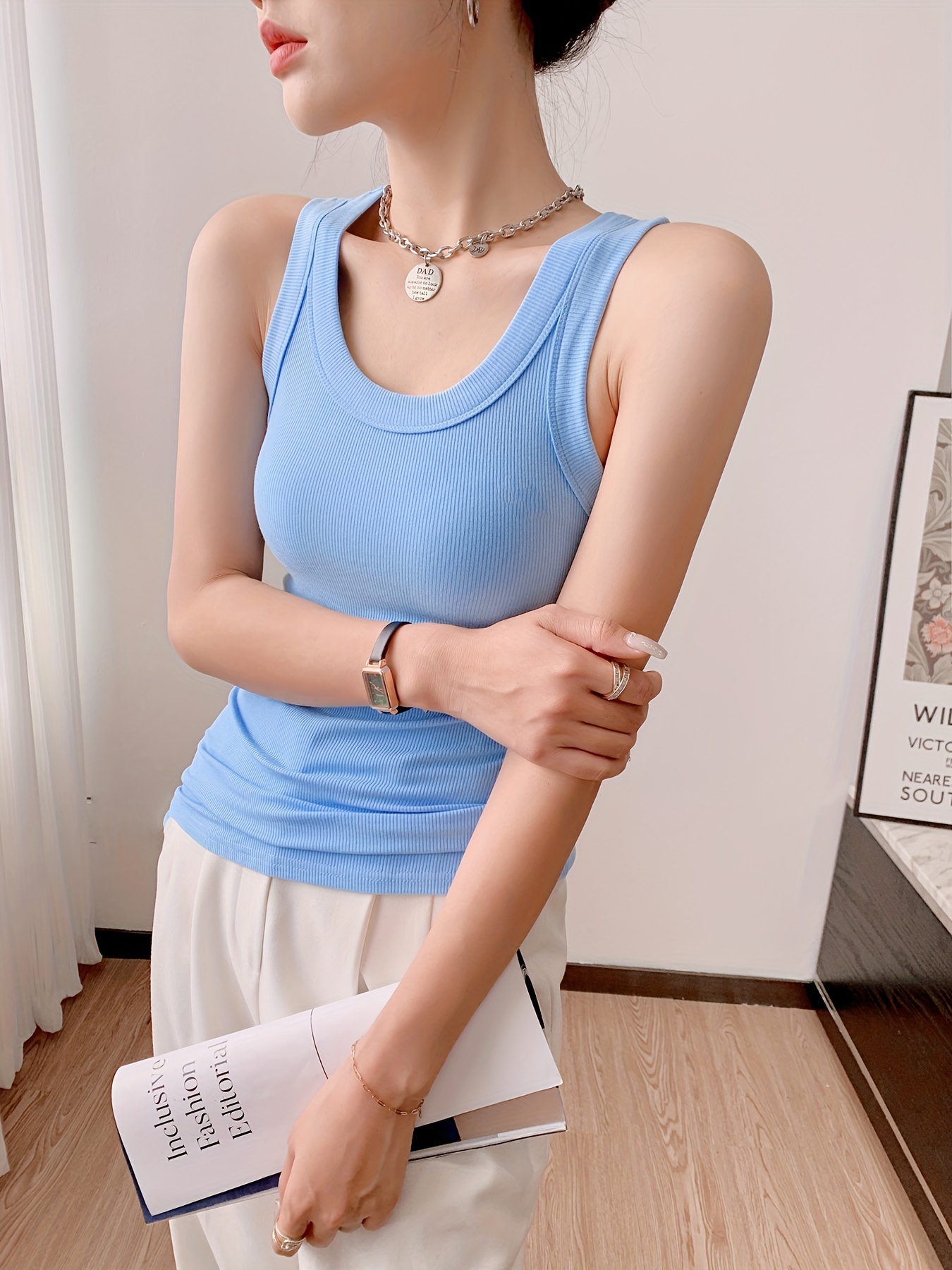 Solid Ribbed Tank Top Casual Crew Neck Summer Sleeveless Top - Temu