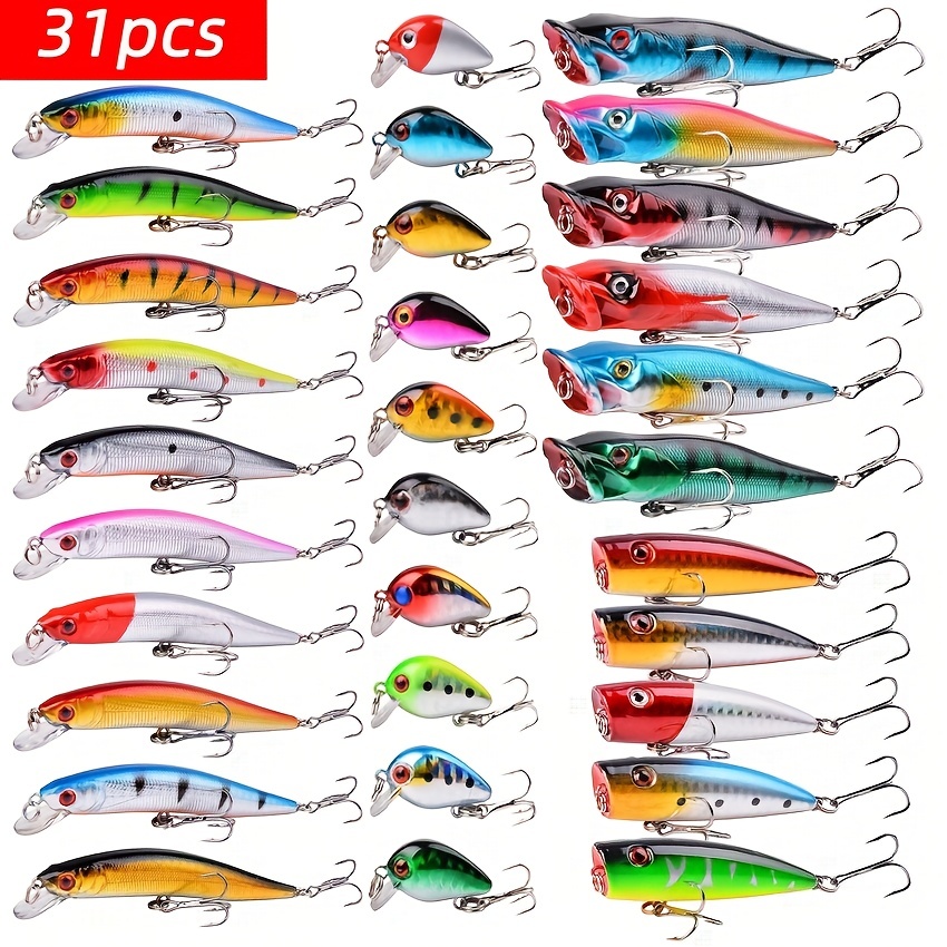 10/31pcs Fishing Lures Kit, Mixed Including Minnow Popper Crank Baits With  Hooks, For Saltwater Freshwater Trout Bass Salmon Fishing