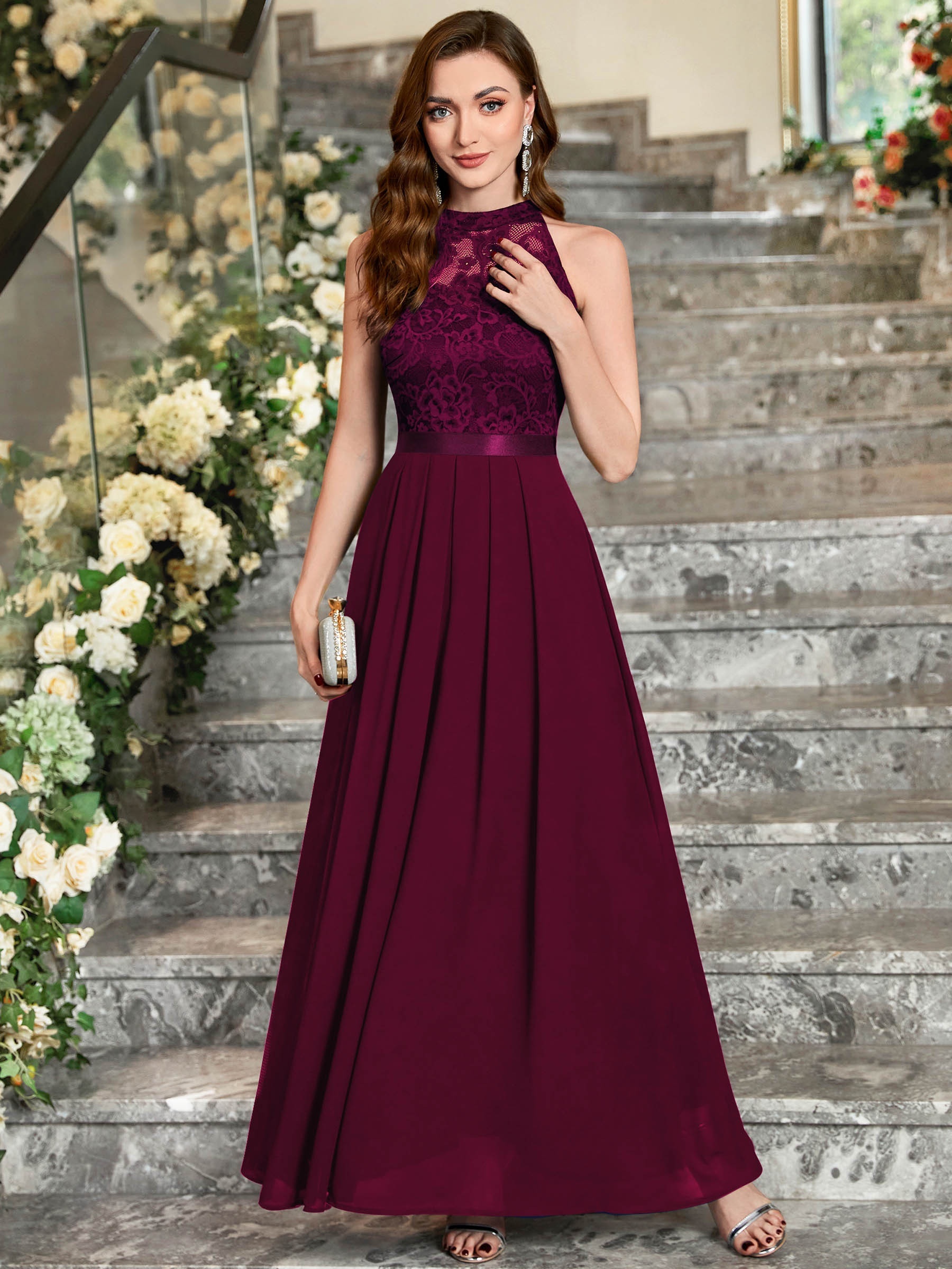 Contrast Lace Solid Dress Elegant V Neck Evening Party Maxi - Temu