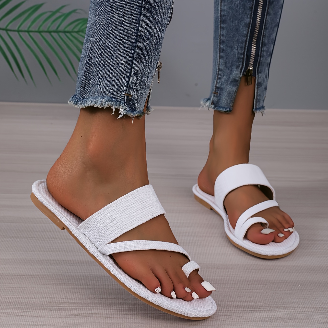 White canvas shop flip flops