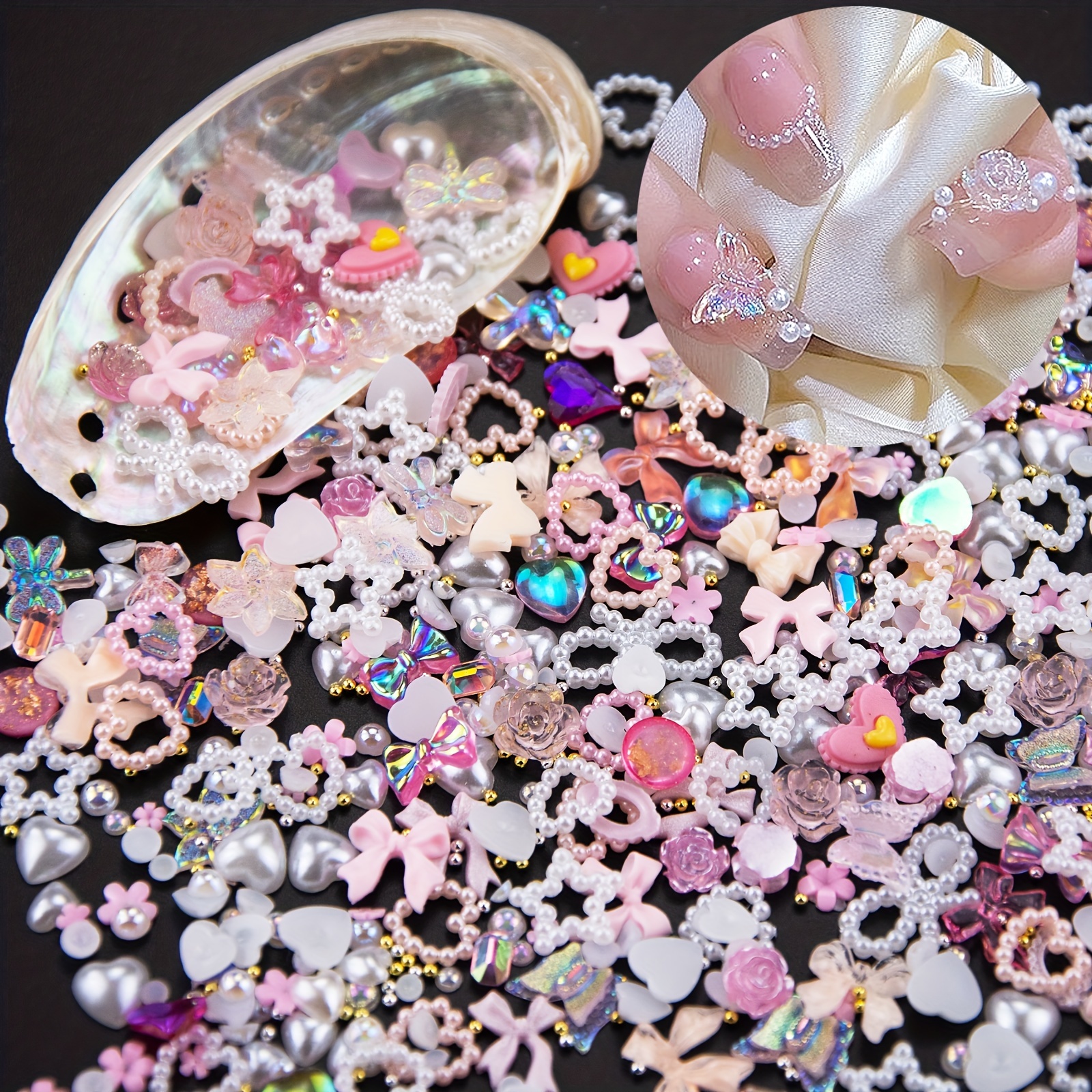 

600pcs Assorted Pearls 3d Nail Charms, Multi Shapes Heart Flower Bowknot Nail Charms Mix Heart Star Bows Round White Pearls Nail Beads Charms For Manicure Crafts Jewelry Accessories