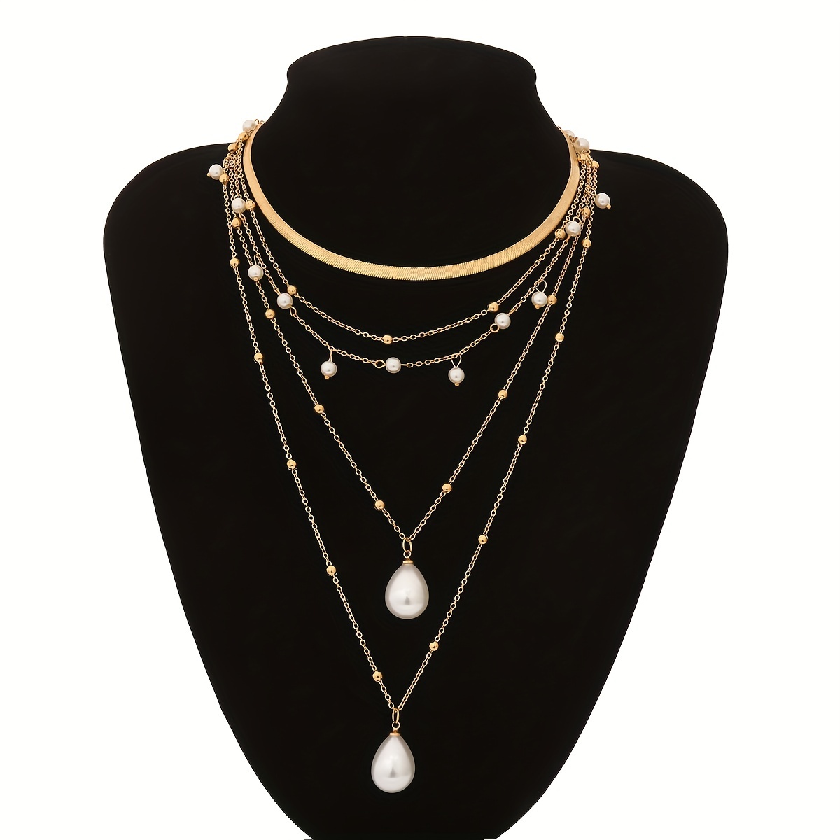 2pcs Layered Tassel Faux Copper Bead Flat Snake Chain Necklace Set